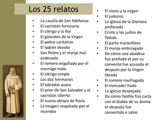 Los 25 relatos                       •   El novio y la virgen
                                     •   El judezno
 •   La casulla de San Ildefonso     •   La iglesia de la Gloriosa
 •   El sacristán fornicario             profanada
 •   El clérigo y la flor            •   Cristo y los judíos de
 •   El galardón de la Virgen            Toledo
 •   El pobre caritativo             •   El parto maravilloso
 •   El ladrón devoto                •   El monje embriagado
 •   San Pedro y el monje mal        •   De cómo una abadesa
     ordenado                            fue preñada et por su
 •   El romero engañado por el           convento fue acusada et
     enemigo malo                        después por la Virgen
 •   El clérigo simple                   librada
 •   Los dos hermanos                •   El romero naufragado
 •   El labrador avaro               •   El mercader fiado
 •   El prior de San Salvador y el   •   La iglesia despojada
     sacristán Uberto                •   De cómo Teófilo fizo carta
 •   El nuevo obispo de Pavía            con el diablo de su ánima
 •   La imagen respetada por el          et después fue
     incendio                            convertido e salvo
 