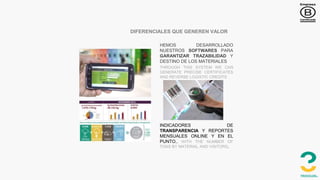 DIFERENCIALES QUE GENEREN VALOR
HEMOS DESARROLLADO
NUESTROS SOFTWARES PARA
GARANTIZAR TRAZABILIDAD Y
DESTINO DE LOS MATERIALES
THROUGH THIS SYSTEM WE CAN
GENERATE PRECISE CERTIFICATES
AND REVERSE LOGISTIC CREDITS
INDICADORES DE
TRANSPARENCIA Y REPORTES
MENSUALES ONLINE Y EN EL
PUNTO., WITH THE NUMBER OF
TONS BY MATERIAL AND VISITORS.
 