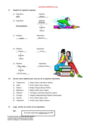  
www.RecursosDidacticos.org 
 
II. Completa los siguientes esquemas: 
 
a) Hiperónimo Hipónimo 
ARTE _____________ 
 
b) Hiperónimo Hipónimo 
_____________ 
Electrodoméstico  
Sinónimo 
 
  Nevera  
 
 
c) Hipónimo Hiperónimo 
_____________ __Mamífero___ 
 
 
 
 
 
d) Hipónimo Hiperónimo 
___Plátano____ ____Fruta___ 
 
Sinónimo 
 
banana  
 
 
e) Hipónimo Hiperónimo 
_____________ __Juegos de mesa___ 
 
Sinónimo 
 
_Tenis de mesa____ 
 
 
III. Escribe cuatro hipónimos para cada uno de los siguientes hiperónimos. 
 
a) Temperatura Celsius, Kelvin, Fahrenheit, Rankine. 
b) Sabor Ácido. Salado, Dulce, Amargo. 
c) Insecto Avispas, Abejas, Moscas, Polillas. 
d) Mamíferos Ballena, Delfín, Gato, Caballo. 
e) Insectos Hormigas, cucarachas, abejorros, cigarra. 
f) Virtudes Respeto, Responsabilidad, Empatía, Generosidad. 
g) Sentido Tacto, Olfato, Gusto, Vista.  
h) Auquénidos Vicuña, Llama, Alpaca, Guanaco  
 
 
IV. Luego, escribe una oración con los hiperónimos. 
 
Ejm: 
En verano soportamos ​temperaturas​ de 24ºC. 
 
b) Anoche probé un sabor que me encantó. 
c) Aquel insecto peligroso me hizo daño. 
d) En el zoológico vi un mamífero bonito. 
 
 