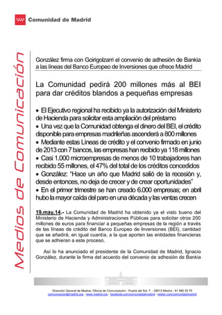 Ignacio González pedirá 200 millones más al BEI para dar créditos blandos a pequeñas empresas.