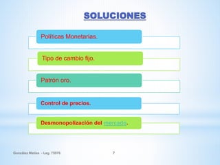 González Matías - Leg. 75976 7
SOLUCIONES
Políticas Monetarias.
Tipo de cambio fijo.
Patrón oro.
Control de precios.
Desmonopolización del mercado.
 