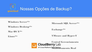 Nossas Opções de Backup?
Windows Serveredition
Windows Desktopedition
Mac OS Xedition
Linuxedition
Microsoft SQL Serveredition
Exchangeedition
VMware and Hyper-V
Central Gerenciamento
Monitoramento Real
 