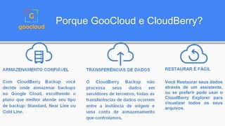 Porque GooCloud e CloudBerry?
RESTAURAR É FÁCIL
Você Restaurar seus dados
através de um assistente,
ou se preferir pode usar o
CloudBerry Explorer para
visualizar todos os seus
arquivos.
 