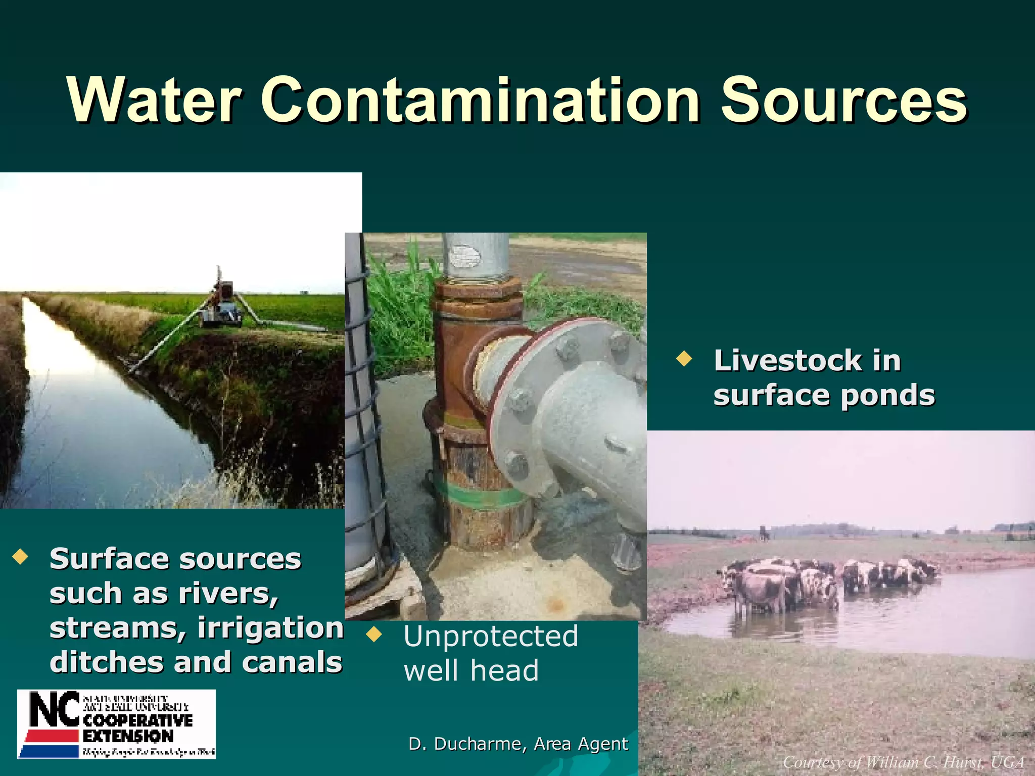 Water Contamination Sources Livestock in surface ponds Surface sources such as rivers, streams, irrigation ditches and canals Unprotected well head Courtesy of William C. Hurst, UGA 