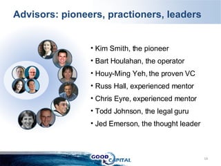 Kim Smith, the pioneer Bart Houlahan, the operator Houy-Ming Yeh, the proven VC Russ Hall, experienced mentor Chris Eyre, experienced mentor Todd Johnson, the legal guru Jed Emerson, the thought leader Advisors: pioneers, practioners, leaders 