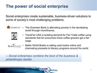 The power of social enterprise Social enterprises create sustainable, business-driven solutions to some of society’s most challenging problems.  The Grameen Bank is alleviating poverty in the developing world through microfinance. TransFair USA is building demand for Fair Trade coffee using standards that let consumers know coffee growers get a fair wage. Better World Books is selling used books online and channeling proceeds to literacy programs around the world — Social enterprises combine the best of the business &  philanthropic worlds.  