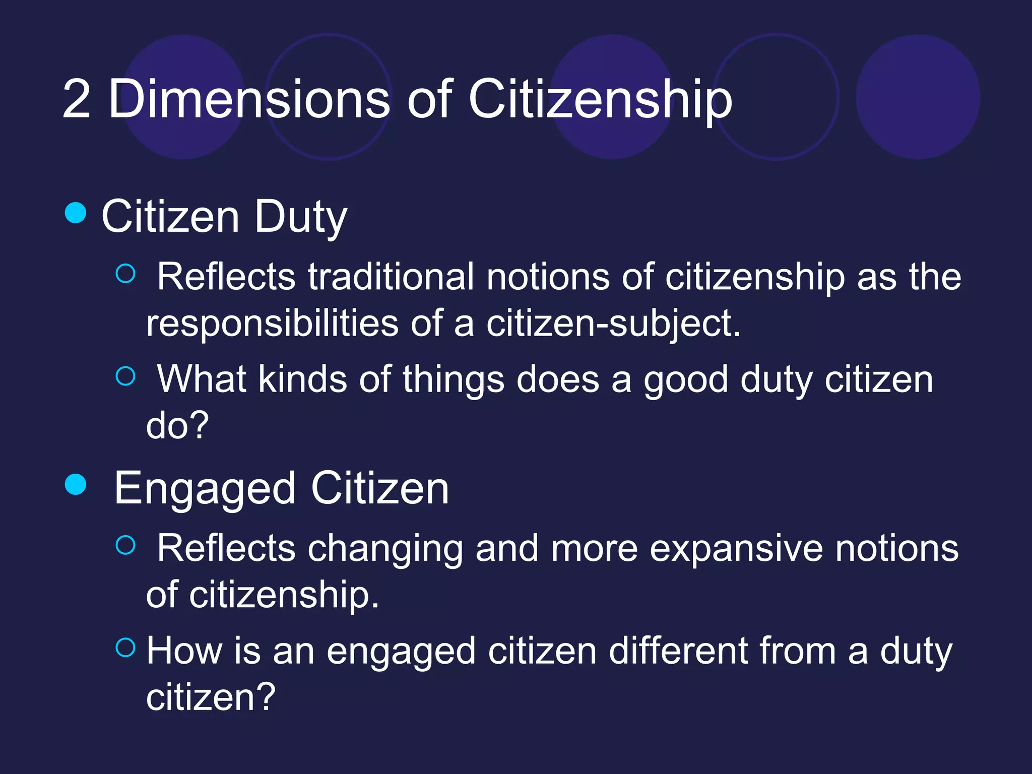 2 Dimensions of Citizenship Citizen Duty Reflects traditional notions of citizenship as the responsibilities of a citizen-subject. What kinds of things does a good duty citizen do? Engaged Citizen Reflects changing and more expansive notions of citizenship. How is an engaged citizen different from a duty citizen? 
