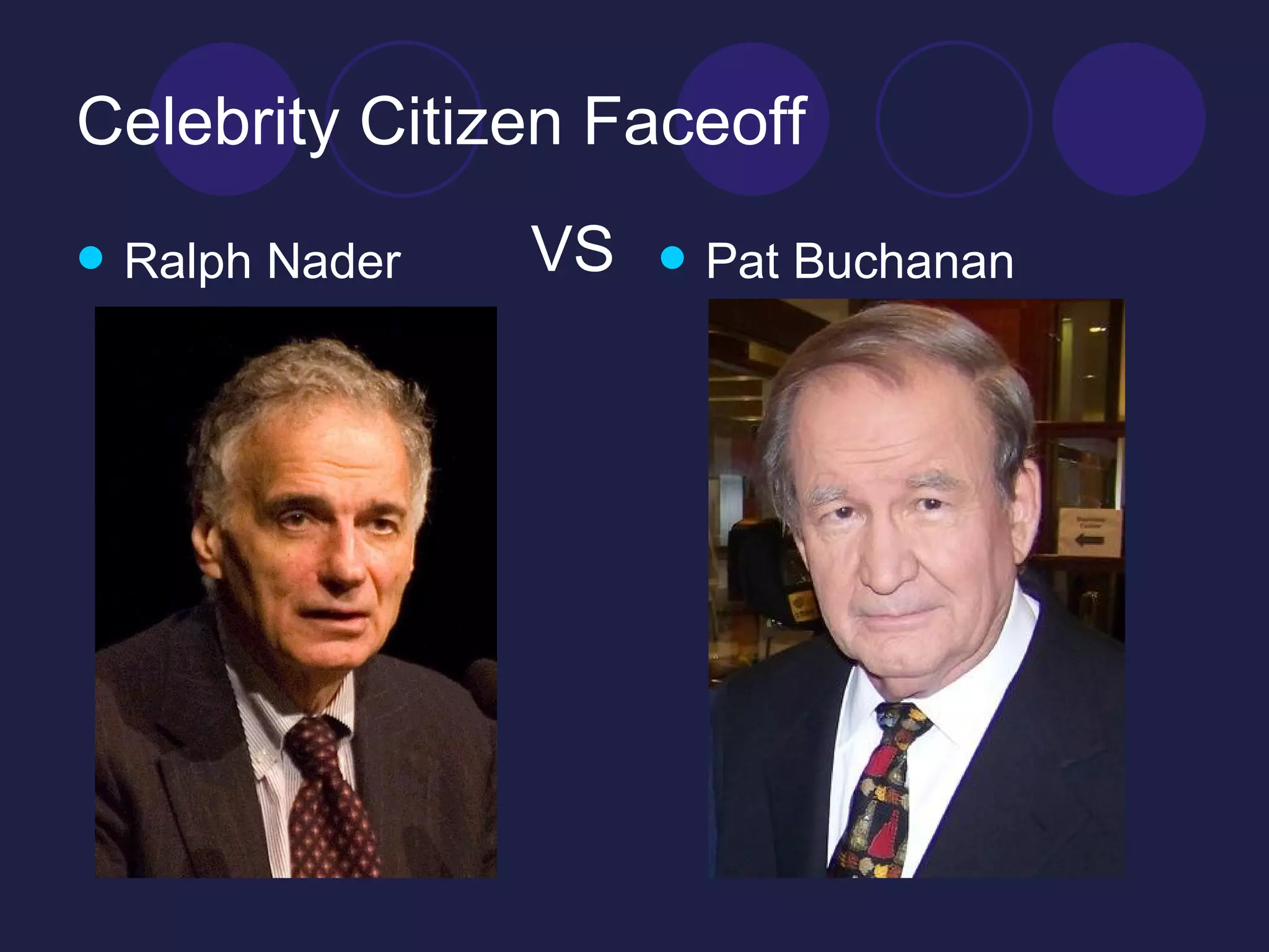 Celebrity Citizen Faceoff Ralph Nader Pat Buchanan VS 