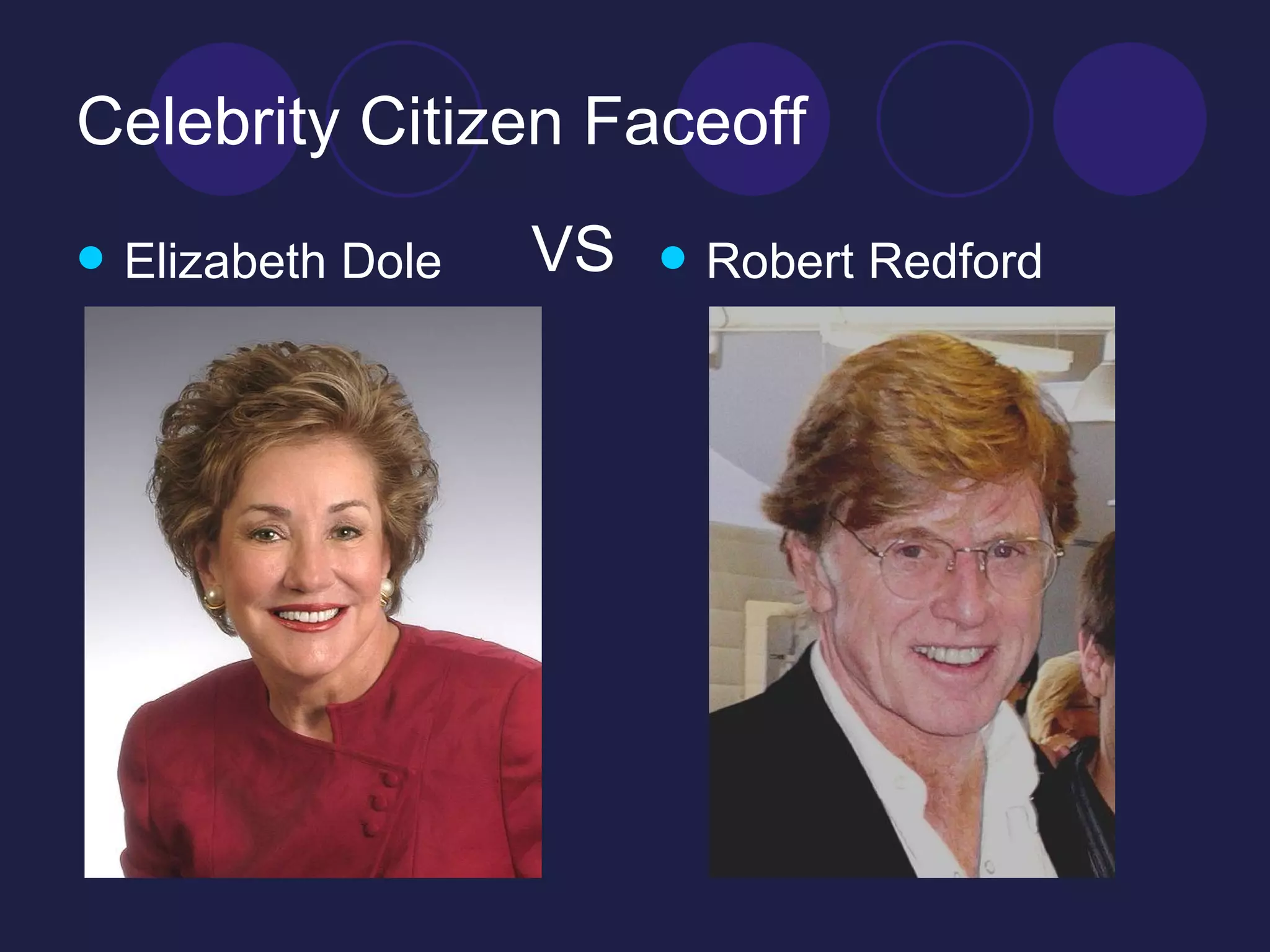 Celebrity Citizen Faceoff Elizabeth Dole Robert Redford VS 