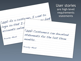 User stories
                                                 are high-level
                                                 requirements
                                    ant to        statements
                       tome  r, I w
              s a c us                  y bank
( 003)    A                n ma  nage m
                that  I ca
 log in so
               ts o nline.
  ac coun                 (009) Cus
                                      tomers ca
                         statement              n downloa
                                     s for the            d
            : Must                             last three
   Priority              months.

                   Priority: M
                               ust
 