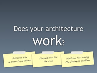 Does your architecture

                          work?
                                                                  ng
   Satisfies th
                 e
                           Fou ndations for   Platfo rm for solvi
                   vers                                        blem
arch itectural dri             the code       the business pro
 