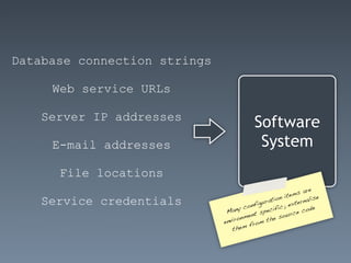 Database connection strings

     Web service URLs

    Server IP addresses
                                            Software
     E-mail addresses                        System
      File locations
                                                                     are
                                                            it ems
                                                    ation                 se
    Service credentials                       igu r             xte rnali
                                       conf           if ic; e         de
                               Many            spec               e co
                                      nmen
                                            t                urc
                                    o                 e so
                              envir      f rom
                                                  th
                                 them
 