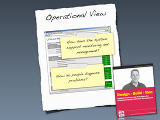 O peration al View


                         stem
        How  does the sy
                             nd
        support monitoring a
            management?




              ple diagnose
   How do peo
        problems?
 