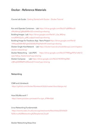 Docker - Reference Materials
Course Lab Guide : Getting Started with Docker - Docker Tutorial
Run and Operate Containers Lab https://drive.google.com/file/d/1qW0MoxJil-
sPKsX4myCgMx68VRlmSO-s/view?usp=sharing
Building Images Lab https://drive.google.com/file/d/1_Gw_MQnq-
xoxqRDKsZysSv_yAM_eqbpz/view?usp=sharing
Building Image for Facebooc App Nano Projecthttps://drive.google.com/file/d/
1PAhpwDkWriN01ght2QGt0b293pPwVnHF/view?usp=sharing
Docker Single Host Network Lab https://docker-tutorial.schoolofdevops.com/chapterx-
docker-networking/
Docker Networking Lab (PDF) https://drive.google.com/file/d/1PMDgpPE9a1zA612-
sqsL1bEsq_Yzxets/view?usp=sharing
Docker Compose Lab https://drive.google.com/file/d/1N78FHqONE-
v3BhqDZXRNZPSnERxaUJCY/view?usp=sharing
Networking
CNM and Libnetwork
https://github.com/docker/libnetwork/blob/master/docs/design.md
How VXLANs work ?
https://www.youtube.com/watch?v=Jqm_4TMmQz8
Linux Networking Fundamentals
https://events.static.linuxfound.org/sites/events/files/slides/2016%20-
%20Linux%20Networking%20explained_0.pdf
Docker Networking Deep Dive
 
