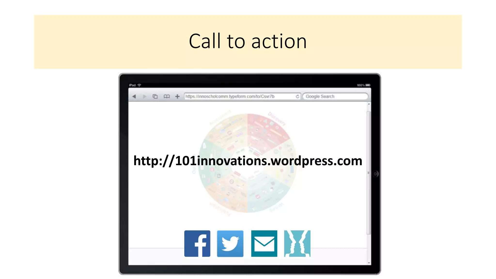 Call to action
[Tussenslide (of transitie in slide) over custom URL?]
http://101innovations.wordpress.com
 