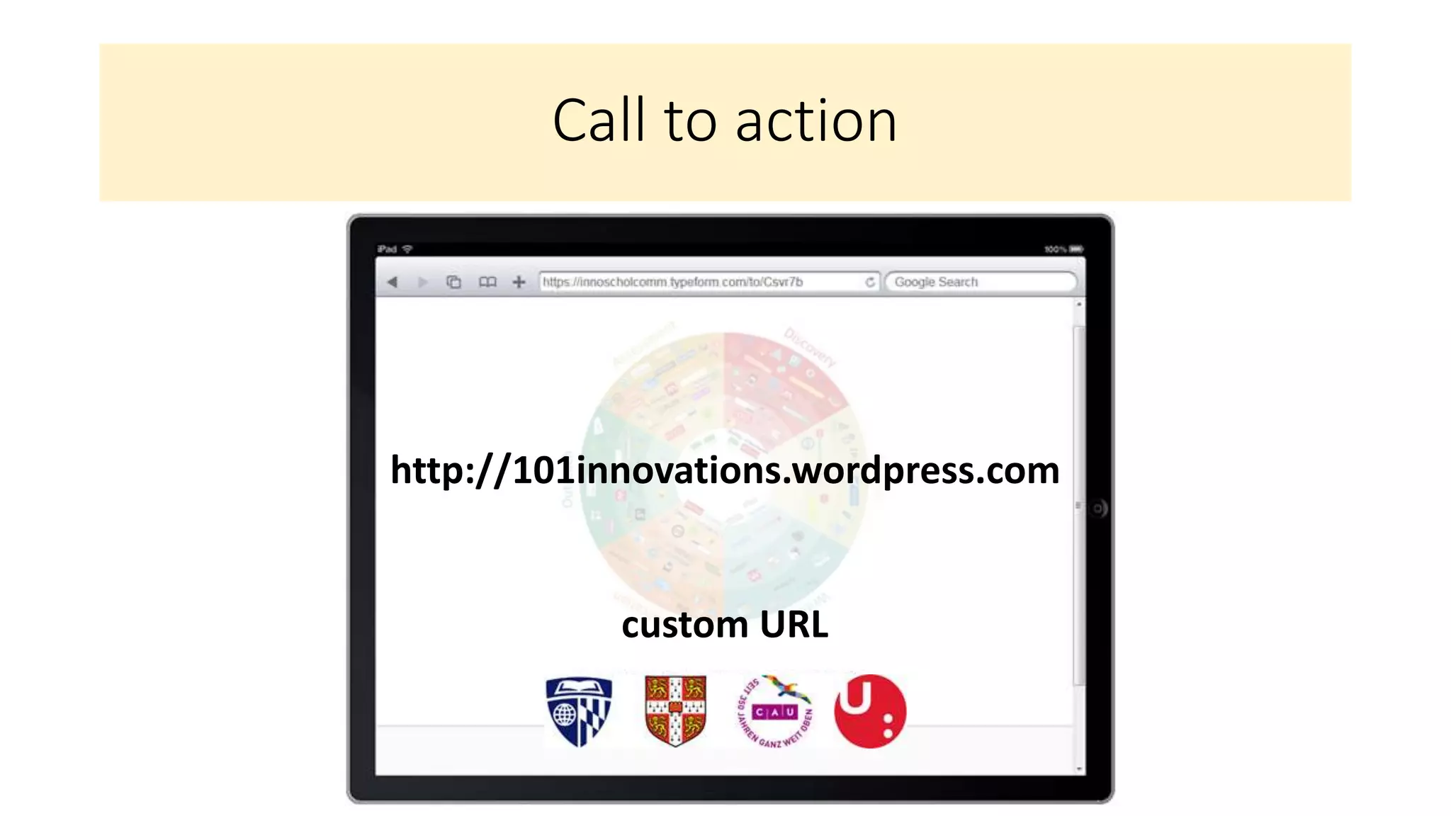 Call to action
[Tussenslide (of transitie in slide) over custom URL?]
http://101innovations.wordpress.com
custom URL
 