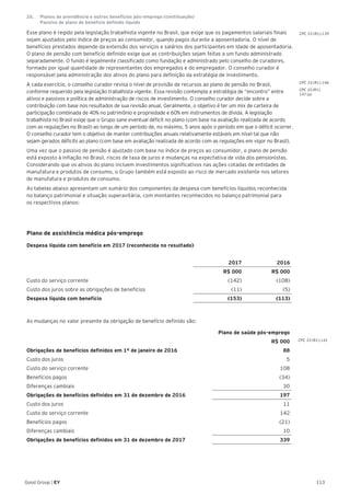 113Good Group | EY
Esse plano é regido pela legislação trabalhista vigente no Brasil, que exige que os pagamentos salariais finais
sejam ajustados pelo índice de preços ao consumidor, quando pagos durante a aposentadoria. O nível de
benefícios prestados depende da extensão dos serviços e salários dos participantes em idade de aposentadoria.
O plano de pensão com benefício definido exige que as contribuições sejam feitas a um fundo administrado
separadamente. O fundo é legalmente classificado como fundação e administrado pelo conselho de curadores,
formado por igual quantidade de representantes dos empregados e do empregador. O conselho curador é
responsável pela administração dos ativos do plano para definição da estratégia de investimento.
A cada exercício, o conselho curador revisa o nível de provisão de recursos ao plano de pensão no Brasil,
conforme requerido pela legislação trabalhista vigente. Essa revisão contempla a estratégia de “encontro” entre
ativos e passivos e política de administração de riscos de investimento. O conselho curador decide sobre a
contribuição com base nos resultados de sua revisão anual. Geralmente, o objetivo é ter um mix de carteira de
participação combinada de 40% no patrimônio e propriedade e 60% em instrumentos de dívida. A legislação
trabalhista no Brasil exige que o Grupo sane eventual déficit no plano (com base na avaliação realizada de acordo
com as regulações no Brasil) ao longo de um período de, no máximo, 5 anos após o período em que o déficit ocorrer.
O conselho curador tem o objetivo de manter contribuições anuais relativamente estáveis em nível tal que não
sejam gerados déficits ao plano (com base em avaliação realizada de acordo com as regulações em vigor no Brasil).
Uma vez que o passivo de pensão é ajustado com base no índice de preços ao consumidor, o plano de pensão
está exposto à inflação no Brasil, riscos de taxa de juros e mudanças na expectativa de vida dos pensionistas.
Considerando que os ativos do plano incluem investimentos significativos nas ações cotadas de entidades de
manufatura e produtos de consumo, o Grupo também está exposto ao risco de mercado existente nos setores
de manufatura e produtos de consumo.
As tabelas abaixo apresentam um sumário dos componentes da despesa com benefícios líquidos reconhecida
no balanço patrimonial e situação superavitária, com montantes reconhecidos no balanço patrimonial para
os respectivos planos:
Plano de assistência médica pós-emprego
Despesa líquida com benefício em 2017 (reconhecida no resultado)
2017 2016
R$ 000 R$ 000
Custo do serviço corrente (142) (108)
Custo dos juros sobre as obrigações de benefícios (11) (5)
Despesa líquida com benefício (153) (113)
As mudanças no valor presente da obrigação de benefício definido são:
Plano de saúde pós-emprego
R$ 000
Obrigações de benefícios definidos em 1º de janeiro de 2016 88
Custo dos juros 5
Custo do serviço corrente 108
Benefícios pagos (34)
Diferenças cambiais 30
Obrigações de benefícios definidos em 31 de dezembro de 2016 197
Custo dos juros 11
Custo do serviço corrente 142
Benefícios pagos (21)
Diferenças cambiais 10
Obrigações de benefícios definidos em 31 de dezembro de 2017 339
CPC 33 (R1).139
CPC 33 (R1).146
CPC 33 (R1).
147 (a)
CPC 33 (R1).141
26.	 Planos de previdência e outros benefícios pós-emprego (continuação)
	 Passivo de plano de benefício definido líquido
 