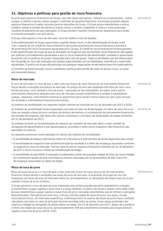 124 Good Group | EY
31. Objetivos e políticas para gestão de risco financeiro
Os principais passivos financeiros do Grupo, que não sejam derivativos, referem-se a empréstimos, contas
a pagar a clientes e outras contas a pagar e contratos de garantia financeira. O principal propósito desses
passivos financeiros é captar recursos para as operações do Grupo. O Grupo possui empréstimos e outros
créditos, contas a receber de clientes e outras contas a receber e depósitos à vista e a curto prazo que
resultam diretamente de suas operações. O Grupo também mantém investimentos disponíveis para venda
e contrata transações com derivativos.
O Grupo está exposto a risco de mercado, risco de crédito e risco de liquidez.
A alta administração do Grupo supervisiona a gestão desses riscos. A alta administração do Grupo conta
com o suporte de um comitê de riscos financeiros que presta assessoria em riscos financeiros e estrutura
de governança em riscos financeiros apropriada para o Grupo. O comitê de riscos financeiros fornece garantia
à alta administração do Grupo de que as atividades do Grupo em que se assumem riscos financeiros são regidas
por políticas e procedimentos apropriados e que os riscos financeiros são identificados, avaliados e gerenciados
de acordo com as políticas do grupo e disposição para risco do grupo. Todas as atividades com derivativos para
fins de gestão de risco são realizadas por equipes especializadas com as habilidades, experiência e supervisão
apropriadas. É política do Grupo não participar de quaisquer negociações de derivativos para fins especulativos.
O Conselho de Administração revisa e estabelece políticas para gestão de cada um desses riscos, os quais
são resumidos abaixo.
Risco de mercado
O risco de mercado é o risco de que o valor justo dos fluxos de caixa futuros de um instrumento financeiro
flutue devido a variações nos preços de mercado. Os preços de mercado englobam três tipos de risco: risco
de taxa de juros, risco cambial e risco de preço — que pode ser de commodities, de ações, entre outros.
Instrumentos financeiros afetados pelo risco de mercado incluem empréstimos a receber e empréstimos
a pagar, depósitos, instrumentos financeiros disponíveis para venda e mensurados ao valor justo através
do resultado e instrumentos financeiros derivativos.
As análises de sensibilidade nas seguintes seções referem-se à posição em 31 de dezembro de 2017 e 2016.
As análises de sensibilidade foram preparadas com base no valor da dívida líquida, no índice de taxas de juros
fixas em relação a taxas de juros variáveis da dívida e derivativos, e na proporção de instrumentos financeiros
em moedas estrangeiras; são todos eles valores constantes e com base nas designações de hedge existentes
em 31 de dezembro de 2017.
As análises excluem as movimentações do impacto nas variáveis de mercado sobre o valor contábil de
obrigações de aposentadoria e pós-aposentadoria, provisões e sobre ativos e passivos não financeiros das
operações no exterior.
As seguintes premissas foram adotadas no cálculo das análises de sensibilidade:	
•	A sensibilidade do balanço patrimonial refere-se a derivativos e instrumentos de dívida disponíveis para venda;
•	A sensibilidade do respectivo item da demonstração do resultado é o efeito das mudanças assumidas conforme
os respectivos riscos do mercado. Tem por base os ativos e passivos financeiros mantidos em 31 de dezembro
de 2017 e 2016, inclusive o efeito da contabilização de hedge;
•	A sensibilidade do patrimônio é calculada considerando o efeito de quaisquer hedges de fluxo de caixa e hedges
de investimento líquido de uma controlada no exterior associados em 31 de dezembro de 2017 para fins
de mudanças presumidas no objeto do hedge.
Risco de taxa de juros
Risco de taxas de juros é o risco de que o valor justo dos fluxos de caixa futuros de um instrumento
financeiro flutue devido a variações nas taxas de juros de mercado. A exposição do Grupo ao risco de
mudanças nas taxas de juros de mercado refere-se, principalmente, às obrigações de longo prazo do Grupo
sujeitas a taxas de juros variáveis.
O Grupo gerencia o risco de taxa de juros mantendo uma carteira equilibrada entre empréstimos a receber
e empréstimos a pagar sujeitos a taxas fixas e a taxas variáveis. A política do Grupo é manter entre 40% e 60%
de seus empréstimos a pagar sujeitos a taxas fixas de juros, excluindo empréstimos que se refiram a operações
descontinuadas. Para gerenciar esse risco, o Grupo contrata swaps de taxas de juros, nos quais o Grupo
concorda em trocar, em intervalos específicos, a diferença entre os valores das taxas de juros fixas e variáveis
calculados com base no valor do principal nocional acordado entre as partes. Esses swaps pretendem dar
cobertura (hedge) às obrigações de dívida objeto do hedge. Em 31 de dezembro de 2017, depois de considerar
o efeito dos swaps das taxas de juros, aproximadamente 44% dos empréstimos tomados pelo Grupo estavam
sujeitos a taxa fixa de juros (2016: 51%).
CPC 40 (R1).33
CPC 40 (R1).33
CPC 40 (R1).40
CPC 40 (R1).22 (c)
 