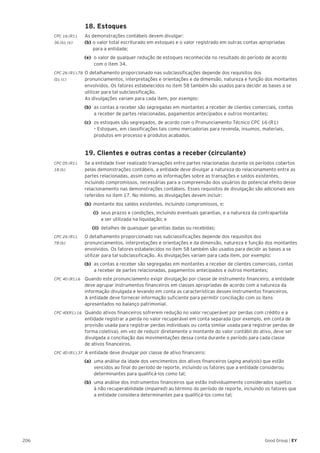 206 Good Group | EY
	 18. Estoques
CPC 16 (R1).	 As demonstrações contábeis devem divulgar:
36 (b), (e) 	 (b) 	o valor total escriturado em estoques e o valor registrado em outras contas apropriadas
	 para a entidade;
(e) 	o valor de qualquer redução de estoques reconhecida no resultado do período de acordo
com o item 34.
CPC 26 (R1).78 	O detalhamento proporcionado nas subclassificações depende dos requisitos dos
(b), (c) 	 pronunciamentos, interpretações e orientações e da dimensão, natureza e função dos montantes
envolvidos. Os fatores estabelecidos no item 58 também são usados para decidir as bases a se
utilizar para tal subclassificação.
As divulgações variam para cada item, por exemplo:
(b)	 as contas a receber são segregadas em montantes a receber de clientes comerciais, contas
a receber de partes relacionadas, pagamentos antecipados e outros montantes;
(c)	 os estoques são segregados, de acordo com o Pronunciamento Técnico CPC 16 (R1)
– Estoques, em classificações tais como mercadorias para revenda, insumos, materiais,
produtos em processo e produtos acabados.
	 19. Clientes e outras contas a receber (circulante)
CPC 05 (R1).	 Se a entidade tiver realizado transações entre partes relacionadas durante os períodos cobertos
18 (b) 	 pelas demonstrações contábeis, a entidade deve divulgar a natureza do relacionamento entre as
partes relacionadas, assim como as informações sobre as transações e saldos existentes,
incluindo compromissos, necessárias para a compreensão dos usuários do potencial efeito desse
relacionamento nas demonstrações contábeis. Esses requisitos de divulgação são adicionais aos
referidos no item 17. No mínimo, as divulgações devem incluir:
	 (b)	 montante dos saldos existentes, incluindo compromissos, e:
		 	(i)	 seus prazos e condições, incluindo eventuais garantias, e a natureza da contrapartida
		 	 a ser utilizada na liquidação; e
	 	(ii)	 detalhes de quaisquer garantias dadas ou recebidas;
CPC 26 (R1).	 O detalhamento proporcionado nas subclassificações depende dos requisitos dos
78 (b)	 pronunciamentos, interpretações e orientações e da dimensão, natureza e função dos montantes
envolvidos. Os fatores estabelecidos no item 58 também são usados para decidir as bases a se
utilizar para tal subclassificação. As divulgações variam para cada item, por exemplo:
(b) 	as contas a receber são segregadas em montantes a receber de clientes comerciais, contas
a receber de partes relacionadas, pagamentos antecipados e outros montantes;
CPC 40 (R1).6 	Quando este pronunciamento exigir divulgação por classe de instrumento financeiro, a entidade
deve agrupar instrumentos financeiros em classes apropriadas de acordo com a natureza da
informação divulgada e levando em conta as características desses instrumentos financeiros.
A entidade deve fornecer informação suficiente para permitir conciliação com os itens
apresentados no balanço patrimonial.
CPC 40(R1).16 	 Quando ativos financeiros sofrerem redução no valor recuperável por perdas com crédito e a
entidade registrar a perda no valor recuperável em conta separada (por exemplo, em conta de
provisão usada para registrar perdas individuais ou conta similar usada para registrar perdas de
forma coletiva), em vez de reduzir diretamente o montante do valor contábil do ativo, deve ser
divulgada a conciliação das movimentações dessa conta durante o período para cada classe
de ativos financeiros.
CPC 40 (R1).37	 A entidade deve divulgar por classe de ativo financeiro:
(a) 	uma análise da idade dos vencimentos dos ativos financeiros (aging analysis) que estão
vencidos ao final do período de reporte, incluindo os fatores que a entidade considerou
determinantes para qualificá-los como tal;
(b) 	uma análise dos instrumentos financeiros que estão individualmente considerados sujeitos
à não recuperabilidade (impaired) ao término do período de reporte, incluindo os fatores que
a entidade considera determinantes para qualificá-los como tal;
 