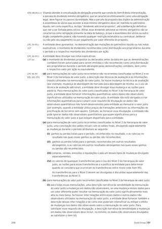 208 Good Group | EY
ICPC 08 (R1).11 	Visando atender à conceituação de obrigação presente que consta do item 8 desta interpretação,
a parcela do dividendo mínimo obrigatório, que se caracterize efetivamente como uma obrigação
legal, deve figurar no passivo da entidade. Mas a parcela da proposta dos órgãos da administração
à assembleia de sócios que exceder a esse mínimo obrigatório deve ser mantida no patrimônio
líquido, em conta específica, do tipo “dividendo adicional proposto”, até a deliberação definitiva
que vier a ser tomada pelos sócios. Afinal, esse dividendo adicional ao mínimo obrigatório não se
caracteriza como obrigação presente na data do balanço, já que a assembleia dos sócios ou outro
órgão competente poderá, não havendo qualquer restrição estatutária ou contratual, deliberar
ou não pelo seu pagamento ou por pagamento por valor diferente do proposto.
CPC 26 (R1).	 A entidade deve apresentar, na demonstração das mutações do patrimônio líquido ou nas notas
107 	 explicativas, o montante de dividendos reconhecidos como distribuição aos proprietários durante
o período e o respectivo montante dos dividendos por ação.
CPC 26 (R1).	 A entidade deve divulgar nas notas explicativas:
137 (a) 	 (a) 	o montante de dividendos propostos ou declarados antes da data em que as demonstrações 	
	 contábeis foram autorizadas para serem emitidas e não reconhecido como uma distribuição 	
	 aos proprietários durante o período abrangido pelas demonstrações contábeis, bem como
	 o respectivo valor por ação ou equivalente;
CPC 46.93 	 (d) 	para mensurações do valor justo recorrentes e não recorrentes classificadas no Nível 2 e no
(d), (e), (h)		 Nível 3 da hierarquia de valor justo, a descrição das técnicas de avaliação e as informações 	
	(inputs) utilizadas na mensuração do valor justo. Se houve mudança na técnica de avaliação 	
	 (por exemplo, mudança de abordagem de mercado para abordagem de receita, ou o uso de 	
	 técnica de avaliação adicional), a entidade deve divulgar essa mudança e as razões para 		
	 adotá-la. Para mensurações do valor justo classificadas no Nível 3 da hierarquia de valor 	
	 justo, a entidade deve fornecer informações quantitativas sobre dados não observáveis 		
	 significativos utilizados na mensuração do valor justo. A entidade não está obrigada a criar 	
	 informações quantitativas para cumprir esse requisito de divulgação se dados não 		
	 observáveis quantitativos não forem desenvolvidos pela entidade ao mensurar o valor justo 	
	 (por exemplo, quando a entidade utiliza preços de transações anteriores ou informações de 	
	 precificação de terceiros sem ajuste). Contudo, ao fornecer essa divulgação, a entidade não 	
	 pode ignorar dados não observáveis quantitativos que sejam significativos para a 		
	 mensuração do valor justo e que estejam disponíveis para a entidade;
	(e) 	para mensurações de valor justo recorrentes classificadas no Nível 3 da hierarquia de valor 	
	 justo, uma conciliação dos saldos iniciais com os saldos finais, divulgando separadamente
	 as mudanças durante o período atribuíveis ao seguinte:
		(i) ganhos ou perdas totais para o período, reconhecidos no resultado, e as rubricas no 		
		 resultado nas quais esses ganhos ou perdas são reconhecidos;
		(ii) 	 ganhos ou perdas totais para o período, reconhecidos em outros resultados 		
		 abrangentes, e as rubricas em outros resultados abrangentes nas quais esses ganhos
		 ou perdas são reconhecidos;
		(iii) compras, vendas, emissões e liquidações (cada um desses tipos de mudanças divulgado 	
		 separadamente);
		(iv) 	os valores de quaisquer transferências para o (ou do) Nível 3 da hierarquia de valor 		
		 justo, as razões para essas transferências e a política da entidade para determinar 		
		 quando se considera que ocorreram as transferências entre níveis (vide item 95).
			 As transferências para o Nível 3 devem ser divulgadas e discutidas separadamente das 	
		 transferências do Nível 3;
	 (h) para mensurações do valor justo recorrentes classificadas no Nível 3 da hierarquia de valor justo:
		(i) 	para todas essas mensurações, uma descrição narrativa da sensibilidade da mensuração 	
		 do valor justo a mudanças em dados não observáveis, se uma mudança nesses dados para 	
		 um valor diferente puder resultar na mensuração do valor justo significativamente mais 	
		 alta ou mais baixa. Se houver inter-relações entre esses dados e outros dados não 		
		 observáveis utilizados na mensuração do valor justo, a entidade deve fornecer também a 	
		 descrição dessas inter-relações e de como elas poderiam intensificar ou mitigar o efeito 	
		 de mudanças nos dados não observáveis sobre a mensuração do valor justo. Para 		
		 satisfazer esse requisito de divulgação, a descrição narrativa da sensibilidade a mudanças 	
		 em dados não observáveis deve incluir, no mínimo, os dados não observáveis divulgados 	
		 ao satisfazer o item (d);
 