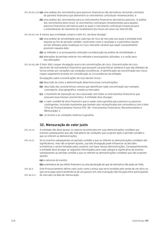 218 Good Group | EY
CPC 40 (R1).39	(a) 	uma análise dos vencimentos para passivos financeiros não derivativos (incluindo contratos
	 de garantia financeira) que demonstre os vencimentos contratuais remanescentes; e
	 (b) 	uma análise dos vencimentos para os instrumentos financeiros derivativos passivos. A análise 	
	 dos vencimentos deve incluir os vencimentos contratuais remanescentes para aqueles 		
	 passivos financeiros derivativos para os quais o vencimento contratual é essencial para
	 o entendimento do momento de recebimento dos fluxos de caixa (ver item B11B).
CPC 40 (R1).40 	A menos que a entidade cumpra o item 41, ela deve divulgar:
	(a) 	uma análise de sensibilidade para cada tipo de risco de mercado aos quais a entidade está 	
	 exposta ao fim do período contábil, mostrando como o resultado e o patrimônio líquido 		
	 seriam afetados pelas mudanças no risco relevante variável que sejam razoavelmente 		
	 possíveis naquela data;
	(b) 	os métodos e os pressupostos utilizados na elaboração da análise de sensibilidade; e
	(c) 	alterações do período anterior nos métodos e pressupostos utilizados, e a razão para
	 tais alterações.
CPC 40 (R1).B8 	O item 34(c) requer divulgação acerca de concentrações de risco. Concentrações de risco
decorrem de instrumentos financeiros que possuem características similares e que são afetados de
forma similar por variações nas condições econômicas. A identificação da concentração dos riscos
requer julgamento levando em consideração as circunstâncias da entidade.
	 Divulgações sobre concentrações de risco devem incluir:
	 (a) 	descrição de como a administração determina essas concentrações;
(b) 	descrição das características comuns que identificam cada concentração (por exemplo,
contraparte, área geográfica, moeda ou mercado);
(c) 	o montante de exposição ao risco associado com todos os instrumentos financeiros que
possuem essa mesma característica. A entidade deve divulgar:
(a) 	o valor contábil de ativo financeiro que é usado como garantia para passivos ou passivos
contingentes, incluindo montantes que tenham sido reclassificados em consonância com o item
37(a) do Pronunciamento Técnico CPC 38 – Instrumentos Financeiros: Reconhecimento e
Mensuração; e
(b)	 os termos e as condições relativos à garantia.
32. Mensuração do valor justo
CPC 24.10 	 A entidade não deve ajustar os valores reconhecidos em suas demonstrações contábeis por
eventos subsequentes que são indicadores de condições que surgiram após o período contábil a
que se referem as demonstrações.
CPC 24.21 	 Se os eventos subsequentes ao período contábil a que se referem as demonstrações contábeis são
significativos, mas não originam ajustes, sua não divulgação pode influenciar as decisões
econômicas a serem tomadas pelos usuários com base nessas demonstrações. Consequentemente,
a entidade deve divulgar as seguintes informações para cada categoria significativa de eventos
subsequentes ao período contábil a que se referem as demonstrações contábeis que não originam
ajustes:
	(a) a natureza do evento;
	 (b) a estimativa de seu efeito financeiro ou uma declaração de que tal estimativa não pode ser feita.
CPC 46.9 	 Este Pronunciamento define valor justo como o preço que seria recebido pela venda de um ativo ou
que seria pago pela transferência de um passivo em uma transação não forçada entre participantes
CPC 46.9 (c) 	 do mercado na data de mensuração.
 