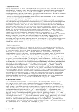 55Good Group | EY
•	Direitos de devolução
Quando um contrato com um cliente fornece o direito de devolução do bem dentro do período especificado, o
Grupo atualmente contabiliza o direito de devolução usando uma taxa média ponderada de probabilidade de
retorno semelhante ao método do valor esperado conforme a IFRS 15. De acordo com a política contábil
atualmente em vigor, o valor da receita referente às devoluções esperadas é diferido e reconhecido no balanço
patrimonial no grupo de Fornecedores e outras contas a pagar.
É efetuado um ajuste correspondente para o custo de vendas. O valor contábil inicial dos bens que se espera
que sejam devolvidos está incluído em Estoques.
De acordo com a IFRS 15, devido ao fato de que o contrato permite ao cliente a devolução dos produtos, a
contraprestação recebida do cliente é variável. O Grupo decidiu usar o método do valor esperado para estimar
as mercadorias que serão devolvidas porque este método prevê melhor o montante de contraprestação
variável a que o Grupo terá direito. O Grupo aplicou os requisitos da IFRS 15 sobre a restrição de estimativas
de contraprestação variável para determinar o montante da contraprestação variável que pode ser incluído no
preço da transação. O Grupo concluiu que, quando adotar a IFRS 15, seria necessário um ajuste à receita com a
venda de bens de R$ 120.000, com um ajuste relacionado ao custo de vendas de R$ 100.000 para 2017.
Nos termos da IFRS 15, o Grupo apresenta um passivo de reembolso e um ativo para o direito de recuperar
produtos de um cliente em separado, no balanço patrimonial. Na transição para a IFRS 15, o Grupo
reclassificará Fornecedores e outras contas a pagar no montante de R$1.215.000 para Passivo de reembolso
eestoques relacionados no montante de R$ 834.000 para Direitos de recuperação de produtos de clientes
quando da devolução.Além disso, os Passivos de reembolso no montante de R$ 125.000 e Direitos de
recuperação de produtos de clientes quando da devolução, no montante de R$ 95.000, serão reconhecidos no
balanço patrimonial. Como resultado desses ajustes, os Lucros acumulados em 31 de dezembro de 2017
sofrerão redução de R$ 30.000.
•	Abatimentos por volume
No segmento Eletrônico, o Grupo oferece abatimentos retroativos por volume aos seus clientes em todos os
produtos comprados pelo cliente sempre que a quantidade de produtos adquiridos durante o período exceder
um limite especificado no contrato. De acordo com a sua política contábil em vigor, o Grupo estima os
abatimentos por volume esperado usando o método de abatimentos de valor da média ponderada por
probabilidade e os inclui em Fornecedores e outras contas a pagar. Esses valores podem ser posteriormente
reembolsados em dinheiro ao cliente ou são compensados com valores a pagar por esse cliente.
De acordo com a IFRS 15, os abatimentos por volume retroativo dão origem a uma contraprestação variável.
Para estimar a contraprestação variável a que terá direito, o Grupo considerou que o método de valor mais
provável melhor prediz o montante de contraprestação variável para contratos com apenas um único limite de
volume, enquanto para contratos com mais de um limite de volume seria aplicável o método de valor esperado
ou o método do valor mais provável, dependendo de qual deles melhor prediz o valor de contraprestação
variável para o tipo de contrato específico. O Grupo aplicou os requisitos da IFRS 15 sobre a restrição de
estimativas de contraprestação variável e concluiu que seria necessário em 2017 um ajuste para reduzir a
receita de venda de mercadorias em R$ 1.315.000, com um aumento correspondente em Fornecedores e
outras contas a pagar (a ser apresentado de acordo com as IFRS 15 como Obrigações contratuais). Além disso,
o Grupo apresentaria um passivo reconhecido pelos abatimentos futuros esperados como parte das Obrigações
contratuais. Desta forma, o montante de R$ 3.115.000 seria reclassificado de Fornecedores e outras contas a
pagar para Obrigações contratuais. Além disso, as Obrigações contratuais no montante de R$ 474.000 serão
reconhecidas no balanço patrimonial para efeito de atualização de períodos anteriores. Como resultado desses
ajustes, os Lucros acumulados em 31 de dezembro de 2017 sofrerão redução de R$ 1.789.000.
(ii) Obrigações de garantia
O Grupo geralmente fornece garantias para reparos gerais e não fornece garantias estendidas em seus
contratos com clientes. Assim, a maioria das garantias existentes será de garantias na modalidade de
asseguração (assurance-type warranties) de acordo com a IFRS 15, que continuará a ser contabilizada de
acordo com a IAS 37 Provisões, passivos contingentes e ativos contingentes, de forma condizente com sua
prática atual. No entanto, em certos contratos não padronizados, o Grupo fornece garantias estendidas que
atualmente são contabilizadas de acordo com a IAS 37. Nos termos da IFRS 15, essas garantias serão
contabilizadas como garantias de serviço e, portanto, serão contabilizadas como obrigações de desempenho
separadas, às quais o Grupo aloca uma parte do preço da transação. Quando o Grupo adotar a IFRS 15 em
2018, há expectativa dos seguintes ajustes em 2017: o montante de R$ 58.000 reconhecido como provisão de
curto prazo de acordo com IAS 37; e as despesas relacionadas incluídas no custo de vendas (R$ 58.000) serão
baixadas. A receita que deve ser atribuída à venda de garantias de serviço (R$ 60.000) será diferida e
apresentada como a parcela atual do Passivo contratual de R$ 60.000. Uma vez que o Grupo não possuía
quaisquer garantias estendidas não cumpridas com relação aos anos anteriores a 2017, os Lucros acumulados
em 31 de dezembro de 2017 diminuirão, pela diferença de R$ 2.000.
 