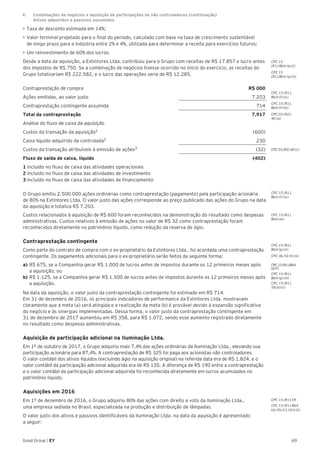 69Good Group | EY
•	Taxa de desconto estimada em 14%;
•	Valor terminal projetado para o final do período, calculado com base na taxa de crescimento sustentável
de longo prazo para a indústria entre 2% e 4%, utilizada para determinar a receita para exercícios futuros;
•	Um reinvestimento de 60% dos lucros.
Desde a data da aquisição, a Extintores Ltda. contribuiu para o Grupo com receitas de R$ 17.857 e lucro antes
dos impostos de R$ 750. Se a combinação de negócios tivesse ocorrido no início do exercício, as receitas do
Grupo totalizariam R$ 222.582, e o lucro das operações seria de R$ 12.285.
Contraprestação de compra	 R$ 000
Ações emitidas, ao valor justo	 7.203
Contraprestação contingente assumida 	 714
Total da contraprestação 	 7.917
Análise do fluxo de caixa da aquisição	
Custos da transação da aquisição1	(600)
Caixa líquido adquirido da controlada2	230
Custos da transação atribuíveis à emissão de ações3	(32)
Fluxo de saída de caixa, líquido 	 (402)
1 incluído no fluxo de caixa das atividades operacionais
2 incluído no fluxo de caixa das atividades de investimento
3 incluído no fluxo de caixa das atividades de financiamento
O Grupo emitiu 2.500.000 ações ordinárias como contraprestação (pagamento) pela participação acionária
de 80% na Extintores Ltda. O valor justo das ações corresponde ao preço publicado das ações do Grupo na data
da aquisição e totaliza R$ 7.203.
Custos relacionados à aquisição de R$ 600 foram reconhecidos na demonstração do resultado como despesas
administrativas. Custos relativos à emissão de ações no valor de R$ 32 como contraprestação foram
reconhecidos diretamente no patrimônio líquido, como redução da reserva de ágio.
Contraprestação contingente
Como parte do contrato de compra com o ex-proprietário da Extintores Ltda., foi acordada uma contraprestação
contingente. Os pagamentos adicionais para o ex-proprietário serão feitos da seguinte forma:
a)	R$ 675, se a Companhia gerar R$ 1.000 de lucros antes de impostos durante os 12 primeiros meses após
a aquisição; ou
b)	R$ 1.125, se a Companhia gerar R$ 1.500 de lucros antes de impostos durante os 12 primeiros meses após
a aquisição.
Na data da aquisição, o valor justo da contraprestação contingente foi estimado em R$ 714.
Em 31 de dezembro de 2016, os principais indicadores de performance da Extintores Ltda. mostravam
claramente que a meta (a) será atingida e a realização da meta (b) é provável devido à expansão significativa
do negócio e às sinergias implementadas. Dessa forma, o valor justo da contraprestação contingente em
31 de dezembro de 2017 aumentou em R$ 358, para R$ 1.072, sendo esse aumento registrado diretamente
no resultado como despesas administrativas.
Aquisição de participação adicional na Iluminação Ltda.
Em 1º de outubro de 2017, o Grupo adquiriu mais 7,4% das ações ordinárias da Iluminação Ltda., elevando sua
participação acionária para 87,4%. A contraprestação de R$ 325 foi paga aos acionistas não controladores.
O valor contábil dos ativos líquidos (excluindo ágio na aquisição original) na referida data era de R$ 1.824, e o
valor contábil da participação adicional adquirida era de R$ 135. A diferença de R$ 190 entre a contraprestação
e o valor contábil da participação adicional adquirida foi reconhecida diretamente em lucros acumulados no
patrimônio líquido.
Aquisições em 2016
Em 1º de dezembro de 2016, o Grupo adquiriu 80% das ações com direito a voto da Iluminação Ltda.,
uma empresa sediada no Brasil, especializada na produção e distribuição de lâmpadas.
O valor justo dos ativos e passivos identificáveis da Iluminação Ltda. na data da aquisição é apresentado
a seguir:
CPC 15 (R1).
B64 (f) (iv)
CPC 15 (R1).
B64 (f) (iii)
CPC 03 (R2).
40 (a)
CPC 15
(R1).B64 (q) (i)
CPC 15
(R1).B64 (q) (ii)
CPC 15 (R1).
B64 (f) (iv)
CPC 03 (R2).40 (c)
CPC 15 (R1).
B64 (g) (ii)
CPC 46.93 (h) (ii)
CPC 15 (R1).B64
(g) (i)
CPC 15 (R1).
B64 (g) (iii)
CPC 15 (R1).
58 (b) (i)
CPC 15 (R1).
B64 (m)
CPC 15 (R1).59
CPC 15 (R1).B64
(a), (b), (c), (d) e (o)
4. 	 Combinações de negócios e aquisição de participações de não controladores (continuação)	
	 Ativos adquiridos e passivos assumidos
 