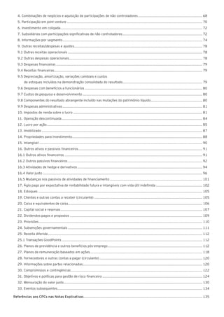 4. Combinações de negócios e aquisição de participações de não controladores.............................................................. 68
5. Participação em joint venture.................................................................................................................................. 70
6. Investimento em coligada........................................................................................................................................ 72
7. Subsidiárias com participações significativas de não controladores............................................................................. 72
8. Informações por segmento...................................................................................................................................... 74
9. Outras receitas/despesas e ajustes........................................................................................................................... 78
9.1 Outras receitas operacionais................................................................................................................................. 78
9.2 Outras despesas operacionais............................................................................................................................... 78
9.3 Despesas financeiras............................................................................................................................................ 79
9.4 Receitas financeiras.............................................................................................................................................. 79
9.5 Depreciação, amortização, variações cambiais e custos
de estoques incluídos na demonstração consolidada do resultado............................................................................ 79
9.6 Despesas com benefícios a funcionários................................................................................................................. 80
9.7 Custos de pesquisa e desenvolvimento................................................................................................................... 80
9.8 Componentes do resultado abrangente incluído nas mutações do patrimônio líquido.................................................. 80
9.9 Despesas administrativas...................................................................................................................................... 81
10. Impostos de renda sobre o lucro............................................................................................................................ 81
11. Operação descontinuada....................................................................................................................................... 84
12. Lucro por ação..................................................................................................................................................... 85
13. Imobilizado.......................................................................................................................................................... 87
14. Propriedades para investimento............................................................................................................................. 88
15. Intangível............................................................................................................................................................ 90
16. Outros ativos e passivos financeiros....................................................................................................................... 91
16.1 Outros ativos financeiros.................................................................................................................................... 91
16.2 Outros passivos financeiros................................................................................................................................. 92
16.3 Atividades de hedge e derivativos........................................................................................................................ 94
16.4 Valor justo......................................................................................................................................................... 96
16.5 Mudanças nos passivos de atividades de financiamento......................................................................................... 101
17. Ágio pago por expectativa de rentabilidade futura e intangíveis com vida útil indefinida............................................. 102
18. Estoques............................................................................................................................................................. 105
19. Clientes e outras contas a receber (circulante)........................................................................................................ 105
20. Caixa e equivalentes de caixa................................................................................................................................ 106
21. Capital social e reservas........................................................................................................................................ 107
22. Dividendos pagos e propostos............................................................................................................................... 109
23. Provisões............................................................................................................................................................. 110
24. Subvenções governamentais................................................................................................................................. 111
25. Receita diferida.................................................................................................................................................... 112
25.1 Transações GoodPoints....................................................................................................................................... 112
26. Planos de previdência e outros benefícios pós-emprego........................................................................................... 112
27. Planos de remuneração baseados em ações............................................................................................................ 118
28. Fornecedores e outras contas a pagar (circulante)................................................................................................... 120
29. Informações sobre partes relacionadas.................................................................................................................. 120
30. Compromissos e contingências.............................................................................................................................. 122
31. Objetivos e políticas para gestão de risco financeiro................................................................................................ 124
32. Mensuração do valor justo..................................................................................................................................... 130
33. Eventos subsequentes........................................................................................................................................... 134
Referências aos CPCs nas Notas Explicativas.................................................................................................................. 135
 