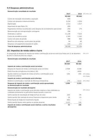 81Good Group | EY
9.9 Despesas administrativas
Demonstração consolidada do resultado
2017 2016
R$ 000 R$ 000
Custos de transação relacionados a aquisição 600 -
Custos com pesquisa e desenvolvimento 2.234 1.034
Depreciação 1.513 1.517
Impairment do ágio (Nota 15) 200 -
Pagamentos mínimos reconhecidos como despesa de arrendamento operacional 250 175
Remensuração da contraprestação contingente 358 -
Ordenados e salários 11.238 7.410
Custos de previdência social 1.349 1.343
Custos com plano de pensão 488 465
Benefícios pós-emprego, exceto plano de pensão 54 40
Despesas com pagamento baseado em ações 144 172
Total de despesas administrativas 18.428 12.156
10. Impostos de renda sobre o lucro
A composição da despesa de imposto de renda e contribuição social nos exercícios findos em 31 de dezembro
de 2017 e 2016 encontra-se a seguir:
Demonstração consolidada do resultado
2017 2016
R$ 000 R$ 000
Imposto de renda e contribuição social correntes:
Despesa de imposto de renda e contribuição social correntes 2.938 3.038
Efeito fiscal de correção de erros (Nota 2.30) — (450)
Ajustes relativos ao imposto de renda corrente e contribuição social
do exercício anterior
(18) (44)
Imposto de renda e contribuição social diferidos:
Relativo à constituição e reversão de diferenças temporárias 178 (311)
Despesas de imposto de renda e contribuição social apresentadas
na demonstração do resultado
3.098 2.233
Demonstração do resultado abrangente
Imposto de renda e contribuição social diferidos relativos a itens debitados ou
creditados diretamente no patrimônio líquido durante o exercício:
Ganho (perda) de reavaliação de hedge de fluxo de caixa 220 (9)
Ganho (perda) não realizado de ativos financeiros disponíveis para venda 18 (1)
Perda líquida de hedge de investimento líquido (83) —
Ganho (perda) líquido sobre ganhos ou perdas atuariais (112) 116
Imposto de renda e contribuição social relativos a outros resultados
abrangentes
43 106
CPC 32.79
CPC 26 (R1).104
CPC 32.80(a)
CPC 32.80(b)
CPC 32.80(c)
CPC 32.81(a)
 
