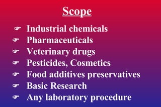 Scope    Industrial chemicals    Pharmaceuticals    Veterinary drugs    Pesticides, Cosmetics    Food additives preservatives    Basic Research    Any laboratory procedure 