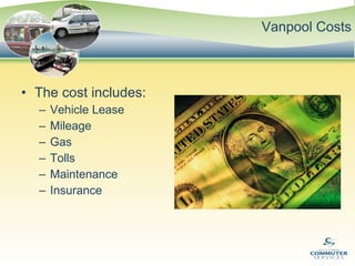 Vanpool Costs The cost includes: Vehicle Lease Mileage Gas Tolls Maintenance Insurance 