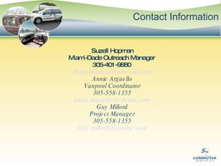 Contact Information Suzell Hopman Miami-Dade Outreach Manager  305-401-9880  [email_address] Annie Arguello Vanpool Coordinator 305-558-1355 [email_address] Guy Millord Project Manager 305-558-1355 [email_address] 