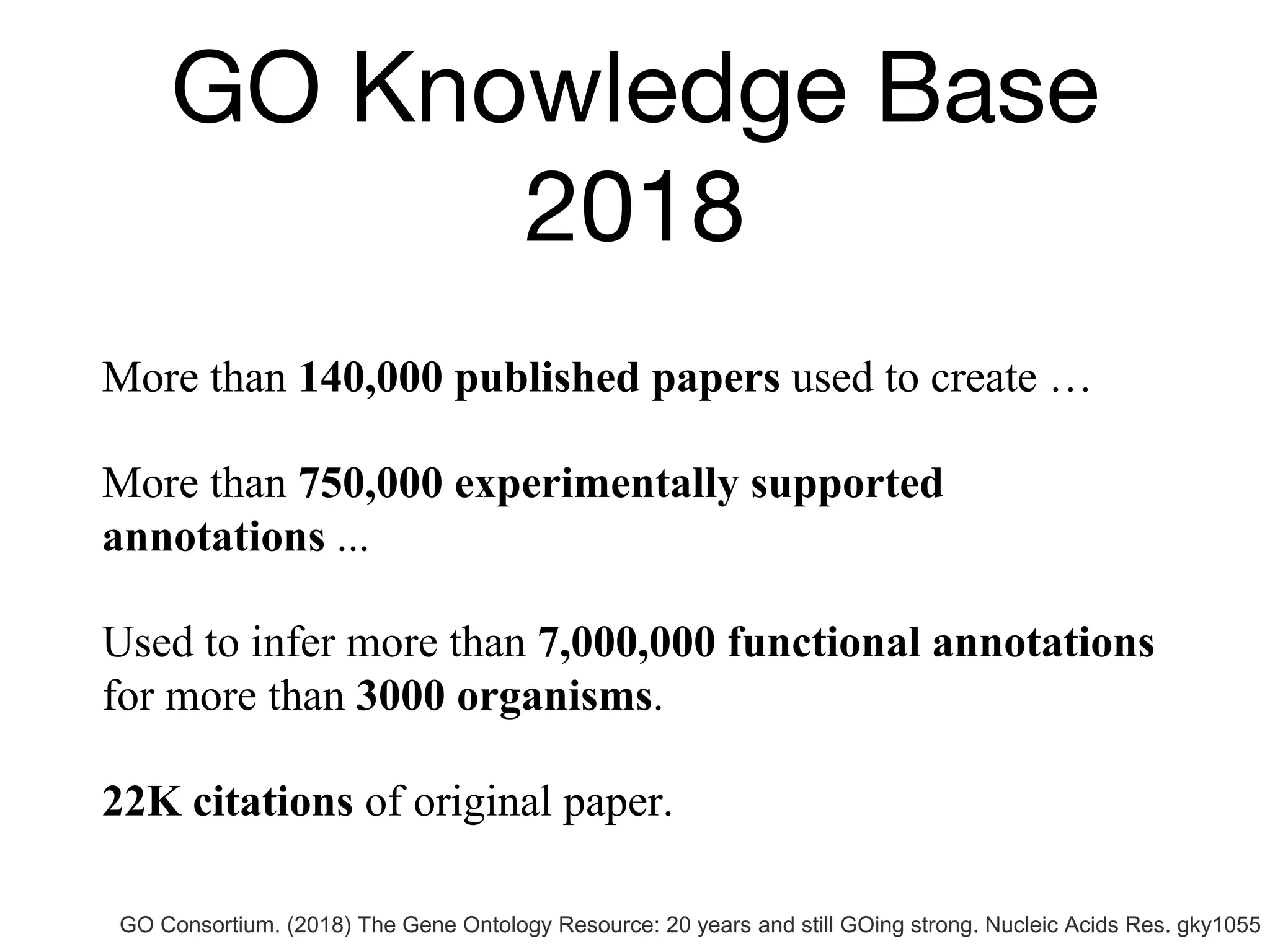 GO Knowledge Base
2018
More than 140,000 published papers used to create …
More than 750,000 experimentally supported
annotations ...
Used to infer more than 7,000,000 functional annotations
for more than 3000 organisms.
22K citations of original paper.
GO Consortium. (2018) The Gene Ontology Resource: 20 years and still GOing strong. Nucleic Acids Res. gky1055
 