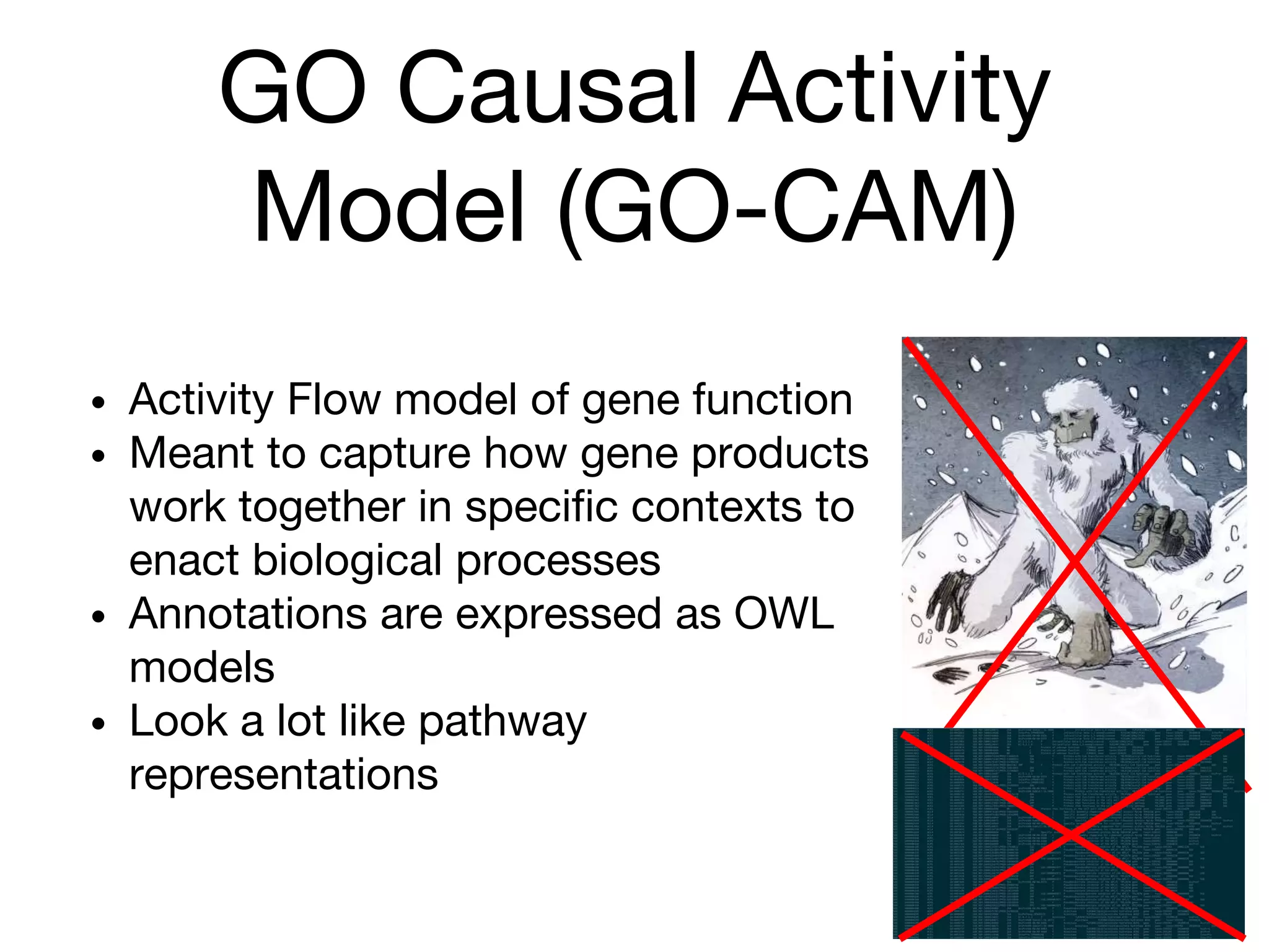 GO Causal Activity
Model (GO-CAM)
• Activity Flow model of gene function
• Meant to capture how gene products
work together in specific contexts to
enact biological processes
• Annotations are expressed as OWL
models
• Look a lot like pathway
representations
 