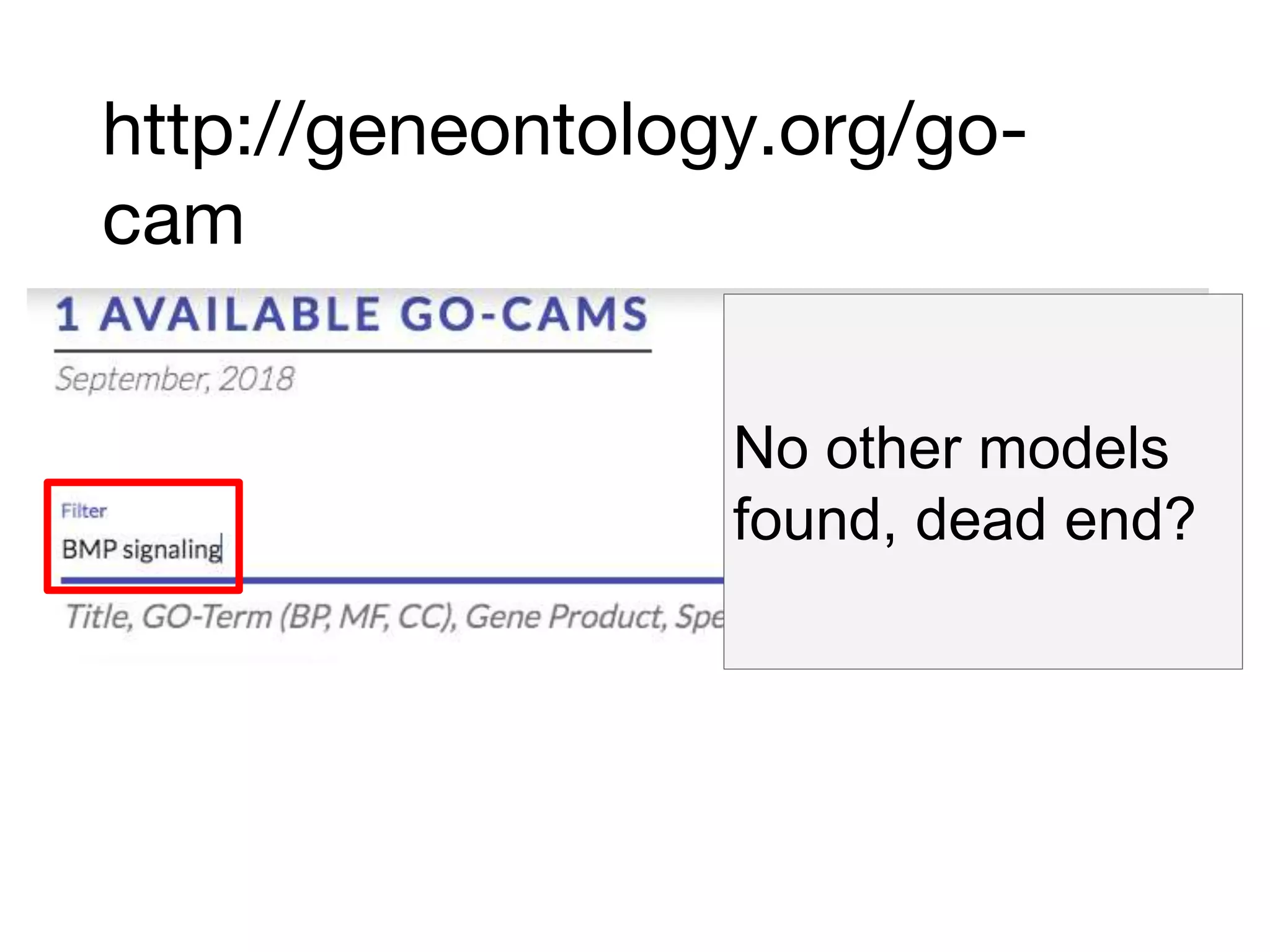 http://geneontology.org/go-
cam
No other models
found, dead end?
 