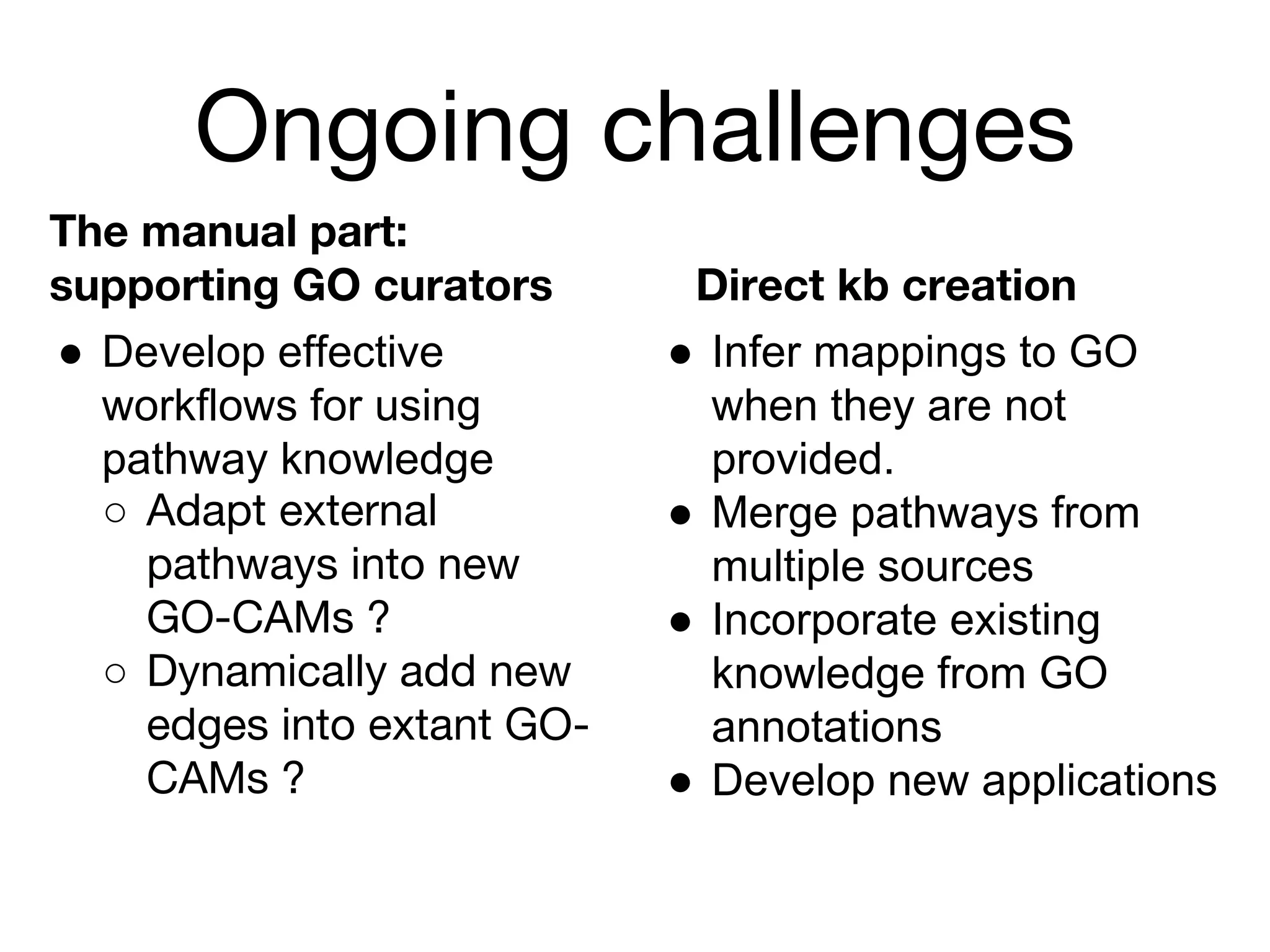 Ongoing challenges
● Infer mappings to GO
when they are not
provided.
● Merge pathways from
multiple sources
● Incorporate existing
knowledge from GO
annotations
● Develop new applications
● Develop effective
workflows for using
pathway knowledge
○ Adapt external
pathways into new
GO-CAMs ?
○ Dynamically add new
edges into extant GO-
CAMs ?
The manual part:
supporting GO curators Direct kb creation
 