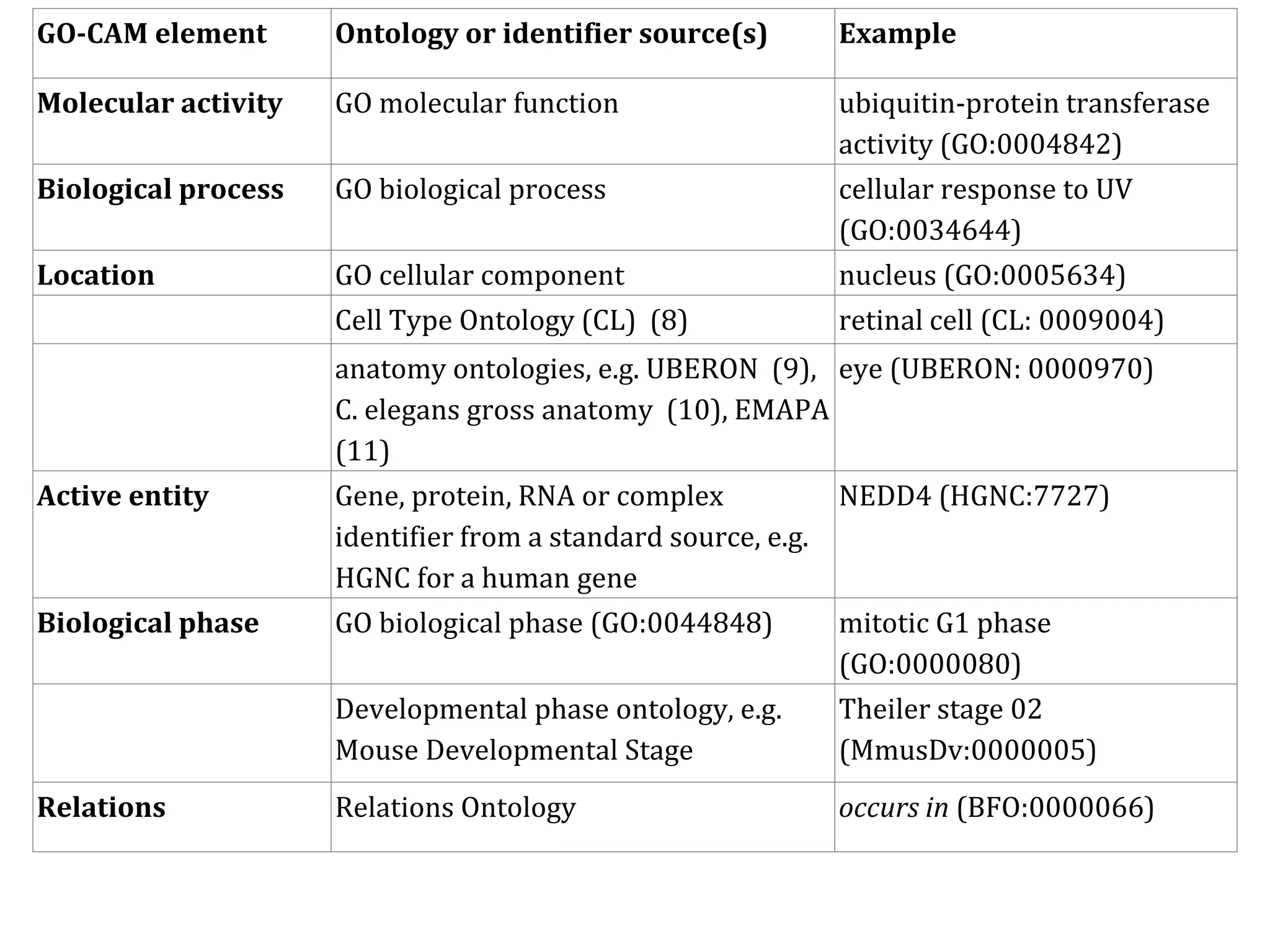 GO-CAM element Ontology or identifier source(s) Example
Molecular activity GO molecular function ubiquitin-protein transferase
activity (GO:0004842)
Biological process GO biological process cellular response to UV
(GO:0034644)
Location GO cellular component nucleus (GO:0005634)
Cell Type Ontology (CL) (8) retinal cell (CL: 0009004)
anatomy ontologies, e.g. UBERON (9),
C. elegans gross anatomy (10), EMAPA
(11)
eye (UBERON: 0000970)
Active entity Gene, protein, RNA or complex
identifier from a standard source, e.g.
HGNC for a human gene
NEDD4 (HGNC:7727)
Biological phase GO biological phase (GO:0044848) mitotic G1 phase
(GO:0000080)
Developmental phase ontology, e.g.
Mouse Developmental Stage
Theiler stage 02
(MmusDv:0000005)
Relations Relations Ontology occurs in (BFO:0000066)
 