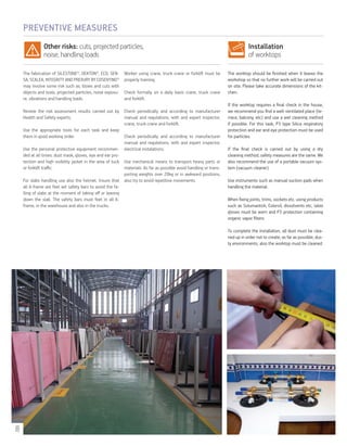 Other risks: cuts, projected particles,
noise, handling loads
Installation
of worktops
The fabrication of SILESTONE®, DEKTON®, ECO, SEN-
SA, SCALEA, INTEGRITY AND PREXURY BY COSENTINO®
may involve some risk such as; blows and cuts with
objects and tools, projected particles, noise exposu-
re, vibrations and handling loads.
Review the risk assessment results carried out by
Health and Safety experts.
Use the appropriate tools for each task and keep
them in good working order.
Use the personal protective equipment recommen-
ded at all times: dust mask, gloves, eye and ear pro-
tection and high visibility jacket in the area of tuck
or forklift traffic.
For slabs handling use also the helmet. Insure that
all A-frame are feet wit safety bars to avoid the fa-
lling of slabs at the moment of taking off or leaving
down the slab. The safety bars must feet in all A-
frame, in the warehouse and also in the trucks.
Worker using crane, truck crane or forklift must be
properly training.
Check formally on a daily basis crane, truck crane
and forklift.
Check periodically and according to manufacturer
manual and regulations, with and expert inspector,
crane, truck crane and forklift.
Check periodically and according to manufacturer
manual and regulations, with and expert inspector,
electrical instalations.
Use mechanical means to transport heavy parts or
materials. As far as possible avoid handling or trans-
porting weights over 20kg or in awkward positions,
also try to avoid repetitive movements.
The worktop should be finished when it leaves the
workshop so that no further work will be carried out
on site. Please take accurate dimensions of the kit-
chen.
If the worktop requires a final check in the house,
we recommend you find a well-ventilated place (te-
rrace, balcony, etc) and use a wet cleaning method
if possible. For this task, P3 type Silica respiratory
protection and ear and eye protection must be used
for particles.
If the final check is carried out by using a dry
cleaning method, safety measures are the same. We
also recommend the use of a portable vacuum sys-
tem (vacuum cleaner).
Use instruments such as manual suction pads when
handling the material.
When fixing joints, trims, sockets etc. using products
such as Solumastick, Colorsil, dissolvents etc, latex
gloves must be worn and P3 protection containing
organic vapor filters.
To complete the installation, all dust must be clea-
ned up in order not to create, as far as possible, dus-
ty environments, also the worktop must be cleaned.
PREVENTIVE MEASURESventilación general
otros riesgos
Instalación encimera
Formación e información
mantenimiento ventilación general
otros riesgos
Instalación encimera
Formación e información
8
 