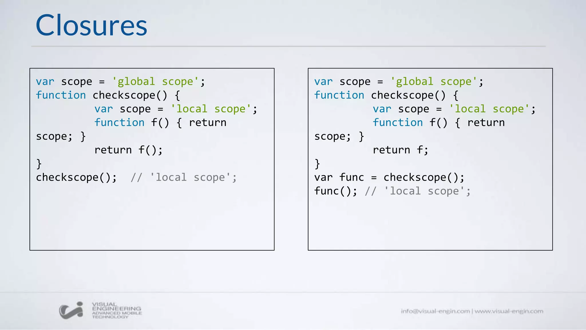 Closures
var scope = 'global scope';
function checkscope() {
var scope = 'local scope';
function f() { return
scope; }
return f();
}
checkscope(); // 'local scope';
var scope = 'global scope';
function checkscope() {
var scope = 'local scope';
function f() { return
scope; }
return f;
}
var func = checkscope();
func(); // 'local scope';
 