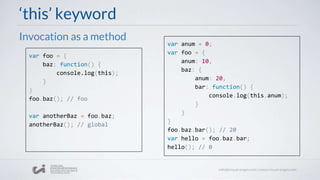 ‘this’ keyword
Invocation as a method
var anum = 0;
var foo = {
anum: 10,
baz: {
anum: 20,
bar: function() {
console.log(this.anum);
}
}
}
foo.baz.bar(); // 20
var hello = foo.baz.bar;
hello(); // 0
var foo = {
baz: function() {
console.log(this);
}
}
foo.baz(); // foo
var anotherBaz = foo.baz;
anotherBaz(); // global
 