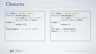 Closures
var scope = 'global scope';
function checkscope() {
var scope = 'local scope';
function f() { return
scope; }
return f();
}
checkscope(); // 'local scope';
var scope = 'global scope';
function checkscope() {
var scope = 'local scope';
function f() { return
scope; }
return f;
}
var func = checkscope();
func(); // 'local scope';
 
