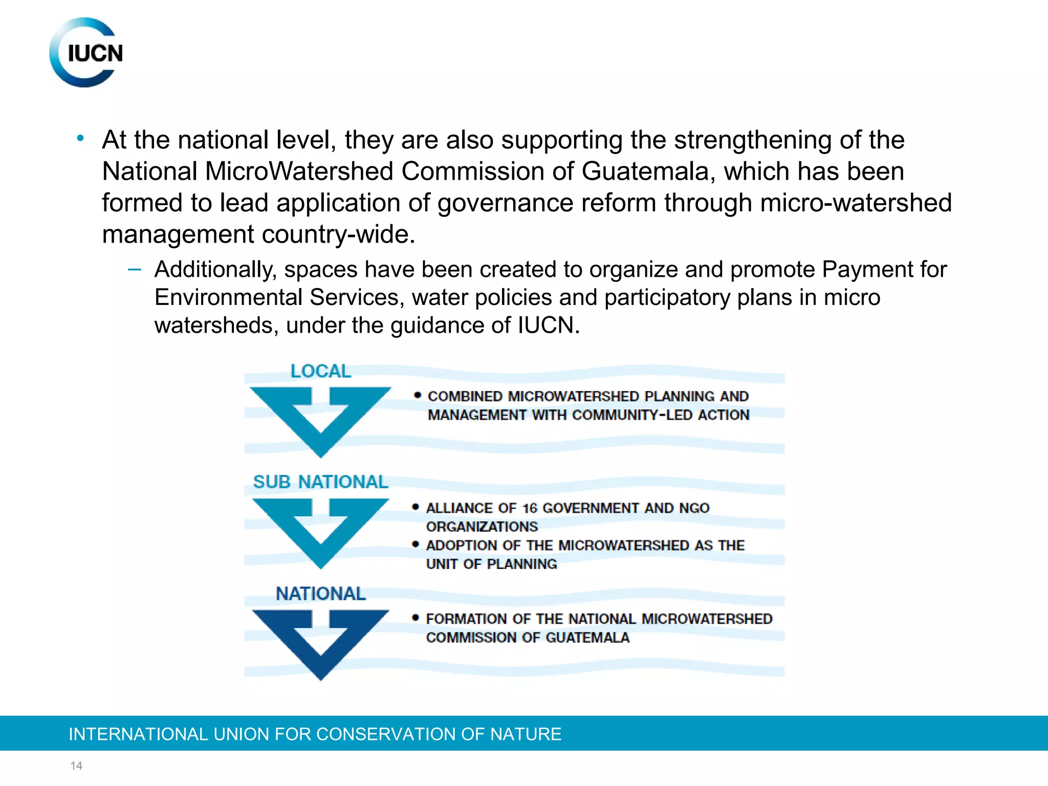 14
INTERNATIONAL UNION FOR CONSERVATION OF NATUREINTERNATIONAL UNION FOR CONSERVATION OF NATURE
• At the national level, they are also supporting the strengthening of the
National MicroWatershed Commission of Guatemala, which has been
formed to lead application of governance reform through micro-watershed
management country-wide.
– Additionally, spaces have been created to organize and promote Payment for
Environmental Services, water policies and participatory plans in micro
watersheds, under the guidance of IUCN.
 