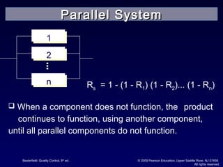 Besterfield: Quality Control, 8th
ed.. © 2009 Pearson Education, Upper Saddle River, NJ 07458.
All rights reserved
Rs = 1 - (1 - R1) (1 - R2)... (1 - Rn)
1
2
n
 When a component does not function, the product
continues to function, using another component,
until all parallel components do not function.
Parallel SystemParallel System
 