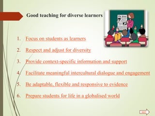 Good teaching for diverse learners
1. Focus on students as learners
2. Respect and adjust for diversity
3. Provide context-specific information and support
4. Facilitate meaningful intercultural dialogue and engagement
5. Be adaptable, flexible and responsive to evidence
6. Prepare students for life in a globalised world
NEXT
 