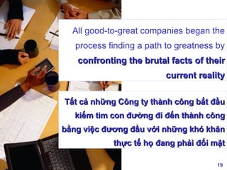 All good-to-great companies began the process finding a path to greatness by  confronting the brutal facts of their current reality Tất cả những Công ty thành công bắt đầu kiếm tìm con đường đi đến thành công bằng việc đương đầu với những khó khăn thực tế họ đang phải đối mặt 