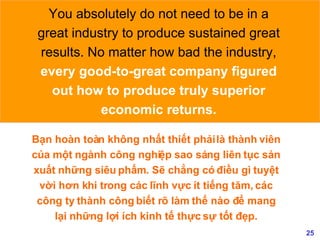 You absolutely do not need to be in a great industry to produce sustained great results. No matter how bad the industry,  every good-to-great company figured out how to produce truly superior economic returns. Bạn hoàn toàn không nhất thiết phải là thành viên của một ngành công nghiệp sao sáng liên tục sản xuất những siêu phẩm. Sẽ chẳng có điều gì tuyệt vời hơn khi trong các lĩnh vực ít tiếng tăm, các công ty thành công biết rõ làm thế nào để mang lại những lợi ích kinh tế thực sự tốt đẹp. 