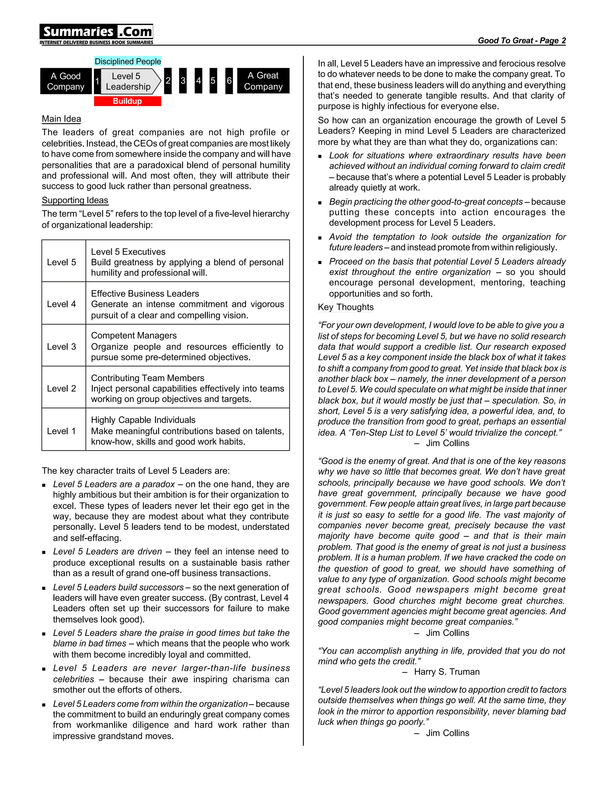 Main Idea
The leaders of great companies are not high profile or
celebrities. Instead, the CEOs of great companies are most likely
to have come from somewhere inside the company and will have
personalities that are a paradoxical blend of personal humility
and professional will. And most often, they will attribute their
success to good luck rather than personal greatness.
Supporting Ideas
The term “Level 5” refers to the top level of a five-level hierarchy
of organizational leadership:
Level 5
Level 5 Executives
Build greatness by applying a blend of personal
humility and professional will.
Level 4
Effective Business Leaders
Generate an intense commitment and vigorous
pursuit of a clear and compelling vision.
Level 3
Competent Managers
Organize people and resources efficiently to
pursue some pre-determined objectives.
Level 2
Contributing Team Members
Inject personal capabilities effectively into teams
working on group objectives and targets.
Level 1
Highly Capable Individuals
Make meaningful contributions based on talents,
know-how, skills and good work habits.
The key character traits of Level 5 Leaders are:
n Level 5 Leaders are a paradox – on the one hand, they are
highly ambitious but their ambition is for their organization to
excel. These types of leaders never let their ego get in the
way, because they are modest about what they contribute
personally. Level 5 leaders tend to be modest, understated
and self-effacing.
n Level 5 Leaders are driven – they feel an intense need to
produce exceptional results on a sustainable basis rather
than as a result of grand one-off business transactions.
n Level 5 Leaders build successors – so the next generation of
leaders will have even greater success. (By contrast, Level 4
Leaders often set up their successors for failure to make
themselves look good).
n Level 5 Leaders share the praise in good times but take the
blame in bad times – which means that the people who work
with them become incredibly loyal and committed.
n Level 5 Leaders are never larger-than-life business
celebrities – because their awe inspiring charisma can
smother out the efforts of others.
n Level 5 Leaders come from within the organization– because
the commitment to build an enduringly great company comes
from workmanlike diligence and hard work rather than
impressive grandstand moves.
In all, Level 5 Leaders have an impressive and ferocious resolve
to do whatever needs to be done to make the company great. To
that end, these business leaders will do anything and everything
that’s needed to generate tangible results. And that clarity of
purpose is highly infectious for everyone else.
So how can an organization encourage the growth of Level 5
Leaders? Keeping in mind Level 5 Leaders are characterized
more by what they are than what they do, organizations can:
n Look for situations where extraordinary results have been
achieved without an individual coming forward to claim credit
– because that’s where a potential Level 5 Leader is probably
already quietly at work.
n Begin practicing the other good-to-great concepts – because
putting these concepts into action encourages the
development process for Level 5 Leaders.
n Avoid the temptation to look outside the organization for
future leaders – and instead promote from within religiously.
n Proceed on the basis that potential Level 5 Leaders already
exist throughout the entire organization – so you should
encourage personal development, mentoring, teaching
opportunities and so forth.
Key Thoughts
“For your own development, I would love to be able to give you a
list of steps for becoming Level 5, but we have no solid research
data that would support a credible list. Our research exposed
Level 5 as a key component inside the black box of what it takes
to shift a company from good to great. Yet inside that black box is
another black box – namely, the inner development of a person
to Level 5. We could speculate on what might be inside that inner
black box, but it would mostly be just that – speculation. So, in
short, Level 5 is a very satisfying idea, a powerful idea, and, to
produce the transition from good to great, perhaps an essential
idea. A ‘Ten-Step List to Level 5’ would trivialize the concept.”
– Jim Collins
“Good is the enemy of great. And that is one of the key reasons
why we have so little that becomes great. We don’t have great
schools, principally because we have good schools. We don’t
have great government, principally because we have good
government. Few people attain great lives, in large part because
it is just so easy to settle for a good life. The vast majority of
companies never become great, precisely because the vast
majority have become quite good – and that is their main
problem. That good is the enemy of great is not just a business
problem. It is a human problem. If we have cracked the code on
the question of good to great, we should have something of
value to any type of organization. Good schools might become
great schools. Good newspapers might become great
newspapers. Good churches might become great churches.
Good government agencies might become great agencies. And
good companies might become great companies.”
– Jim Collins
“You can accomplish anything in life, provided that you do not
mind who gets the credit.”
– Harry S. Truman
“Level 5 leaders look out the window to apportion credit to factors
outside themselves when things go well. At the same time, they
look in the mirror to apportion responsibility, never blaming bad
luck when things go poorly.”
– Jim Collins
Good To Great - Page 2
Buildup
Disciplined People
A Good
Company
A Great
Company
1
Level 5
Leadership
2 3 4 5 6
 
