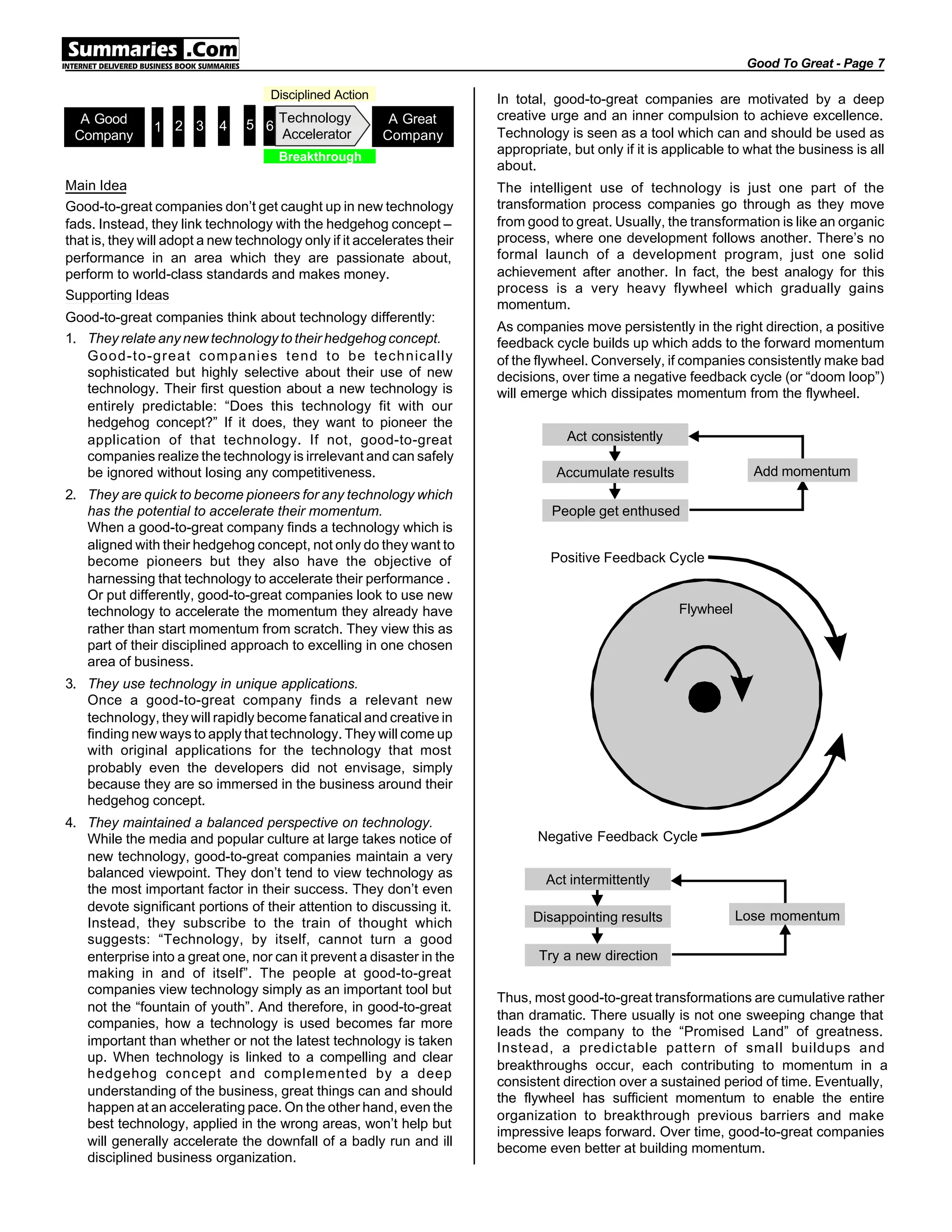 Main Idea
Good-to-great companies don’t get caught up in new technology
fads. Instead, they link technology with the hedgehog concept –
that is, they will adopt a new technology only if it accelerates their
performance in an area which they are passionate about,
perform to world-class standards and makes money.
Supporting Ideas
Good-to-great companies think about technology differently:
1. They relate any new technology to their hedgehog concept.
Good-to-great companies tend to be technically
sophisticated but highly selective about their use of new
technology. Their first question about a new technology is
entirely predictable: “Does this technology fit with our
hedgehog concept?” If it does, they want to pioneer the
application of that technology. If not, good-to-great
companies realize the technology is irrelevant and can safely
be ignored without losing any competitiveness.
2. They are quick to become pioneers for any technology which
has the potential to accelerate their momentum.
When a good-to-great company finds a technology which is
aligned with their hedgehog concept, not only do they want to
become pioneers but they also have the objective of
harnessing that technology to accelerate their performance .
Or put differently, good-to-great companies look to use new
technology to accelerate the momentum they already have
rather than start momentum from scratch. They view this as
part of their disciplined approach to excelling in one chosen
area of business.
3. They use technology in unique applications.
Once a good-to-great company finds a relevant new
technology, they will rapidly become fanatical and creative in
finding new ways to apply that technology. They will come up
with original applications for the technology that most
probably even the developers did not envisage, simply
because they are so immersed in the business around their
hedgehog concept.
4. They maintained a balanced perspective on technology.
While the media and popular culture at large takes notice of
new technology, good-to-great companies maintain a very
balanced viewpoint. They don’t tend to view technology as
the most important factor in their success. They don’t even
devote significant portions of their attention to discussing it.
Instead, they subscribe to the train of thought which
suggests: “Technology, by itself, cannot turn a good
enterprise into a great one, nor can it prevent a disaster in the
making in and of itself”. The people at good-to-great
companies view technology simply as an important tool but
not the “fountain of youth”. And therefore, in good-to-great
companies, how a technology is used becomes far more
important than whether or not the latest technology is taken
up. When technology is linked to a compelling and clear
hedgehog concept and complemented by a deep
understanding of the business, great things can and should
happen at an accelerating pace. On the other hand, even the
best technology, applied in the wrong areas, won’t help but
will generally accelerate the downfall of a badly run and ill
disciplined business organization.
In total, good-to-great companies are motivated by a deep
creative urge and an inner compulsion to achieve excellence.
Technology is seen as a tool which can and should be used as
appropriate, but only if it is applicable to what the business is all
about.
The intelligent use of technology is just one part of the
transformation process companies go through as they move
from good to great. Usually, the transformation is like an organic
process, where one development follows another. There’s no
formal launch of a development program, just one solid
achievement after another. In fact, the best analogy for this
process is a very heavy flywheel which gradually gains
momentum.
As companies move persistently in the right direction, a positive
feedback cycle builds up which adds to the forward momentum
of the flywheel. Conversely, if companies consistently make bad
decisions, over time a negative feedback cycle (or “doom loop”)
will emerge which dissipates momentum from the flywheel.
Thus, most good-to-great transformations are cumulative rather
than dramatic. There usually is not one sweeping change that
leads the company to the “Promised Land” of greatness.
Instead, a predictable pattern of small buildups and
breakthroughs occur, each contributing to momentum in a
consistent direction over a sustained period of time. Eventually,
the flywheel has sufficient momentum to enable the entire
organization to breakthrough previous barriers and make
impressive leaps forward. Over time, good-to-great companies
become even better at building momentum.
Good To Great - Page 7
Breakthrough
Disciplined Action
A Good
Company
A Great
Company
6
Technology
Accelerator
1 2 3 4 5
Add momentum
People get enthused
Accumulate results
Act consistently
Flywheel
Positive Feedback Cycle
Negative Feedback Cycle
Act intermittently
Disappointing results
Try a new direction
Lose momentum
 