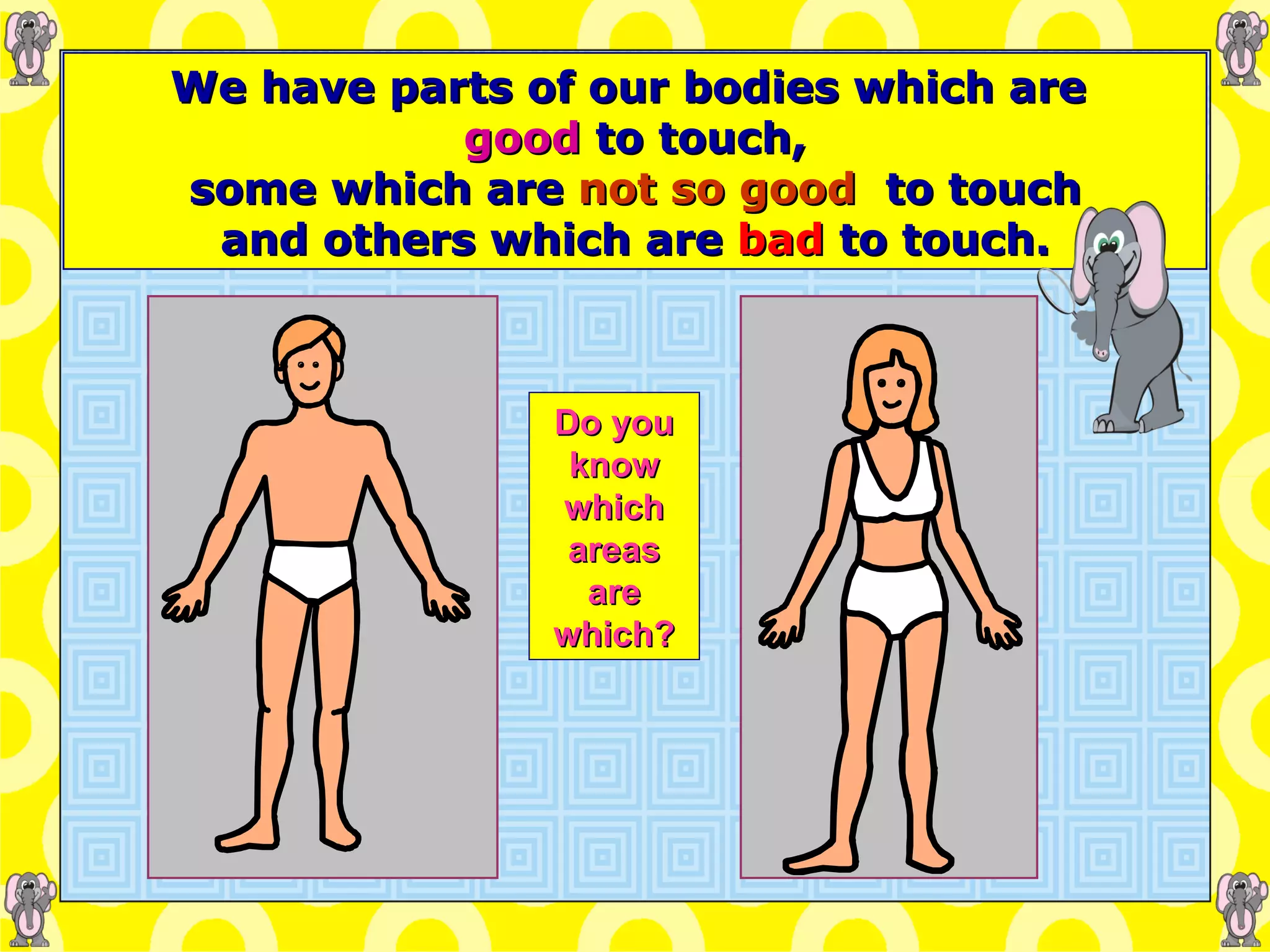 We have parts of our bodies which are   good   to touch, some which are   not so good  to touch and others which are   bad  to touch. Do you know which areas are which? 