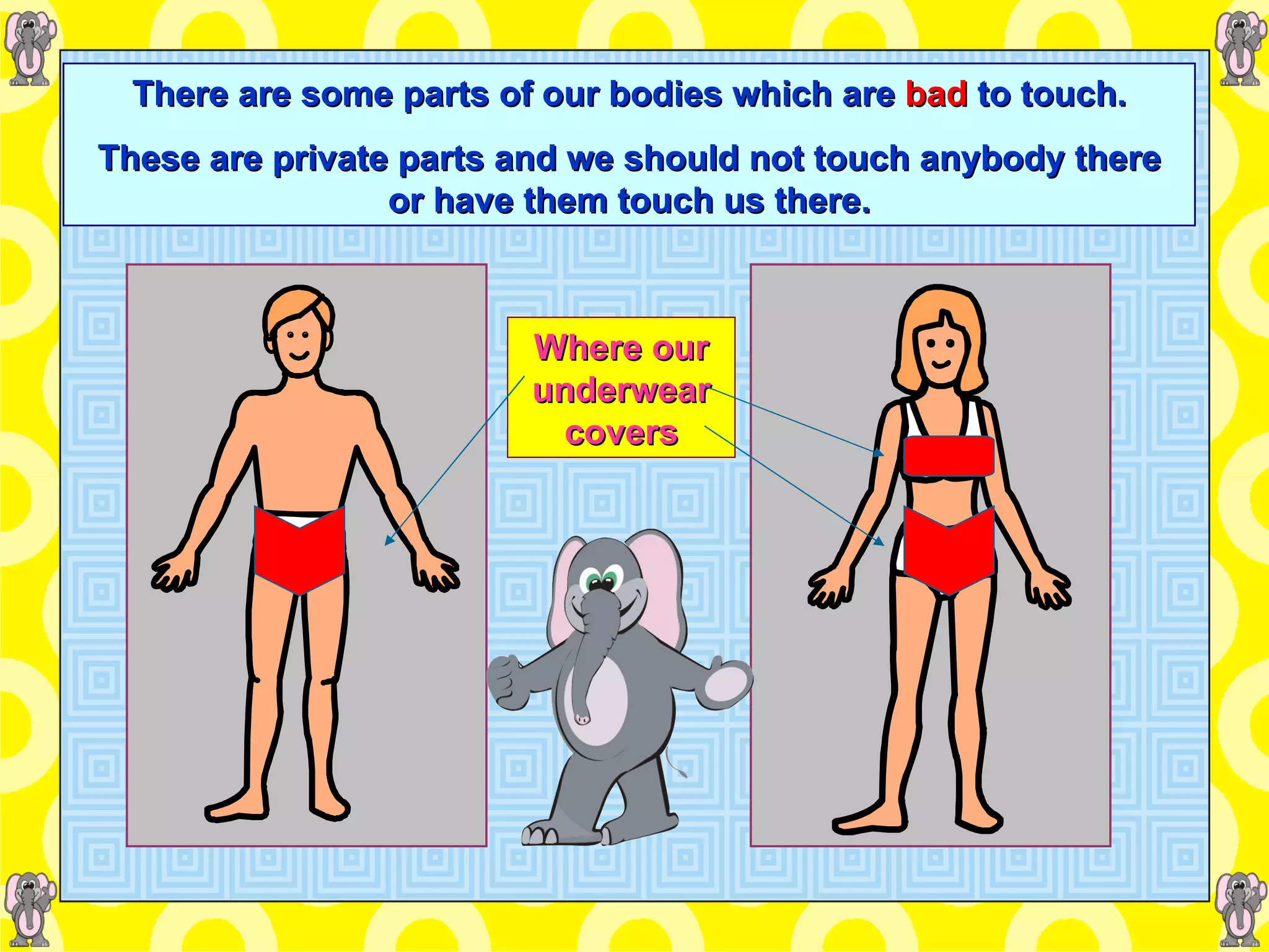 There are some parts of our bodies which are   bad  to touch. These are private parts and we should not touch anybody there or have them touch us there. Where our underwear covers 